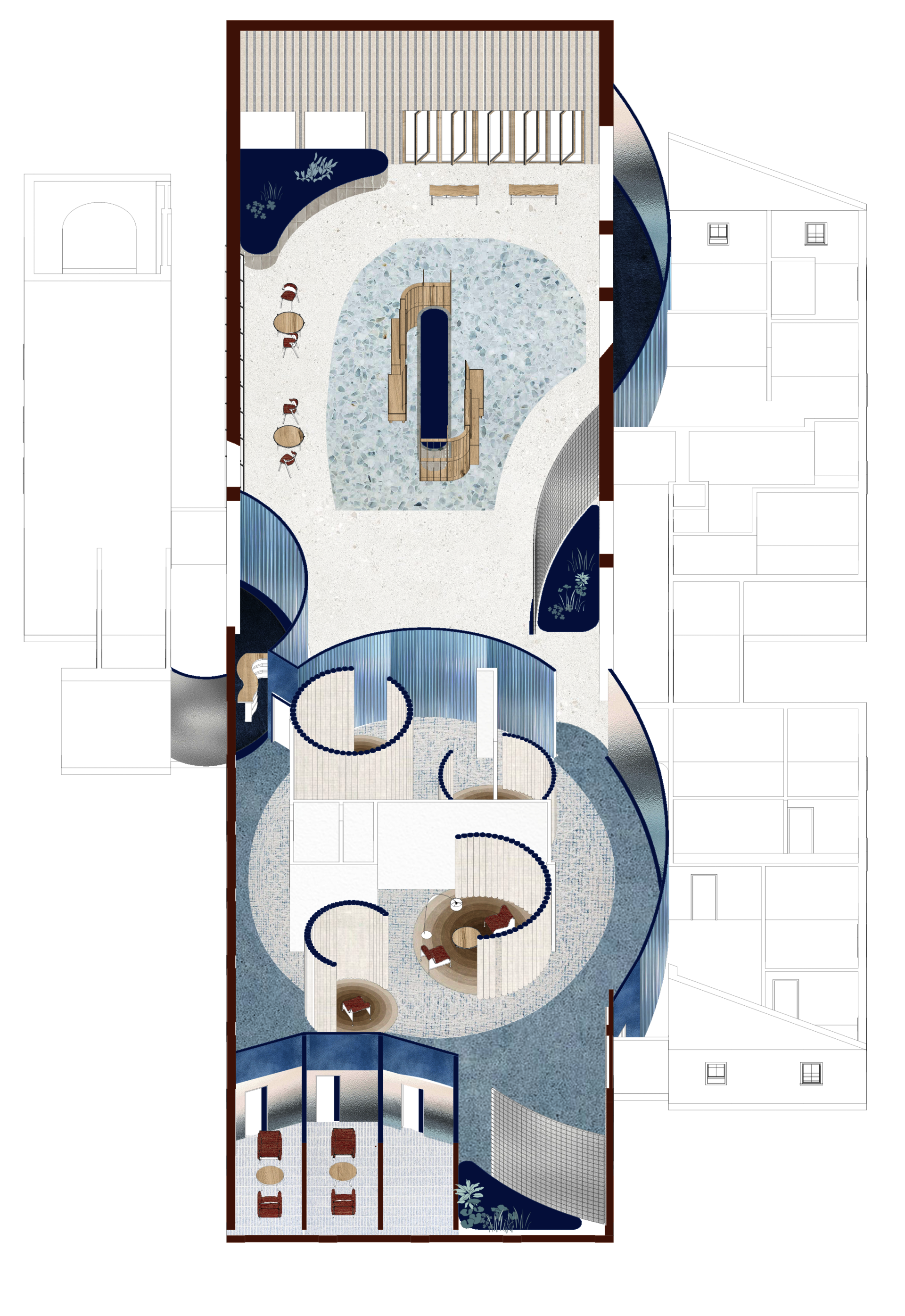 Architectural drawing showing a curving wall flowing through the visitor center, organizing public gathering, classrooms, clinic spaces, and quiet recovery areas.