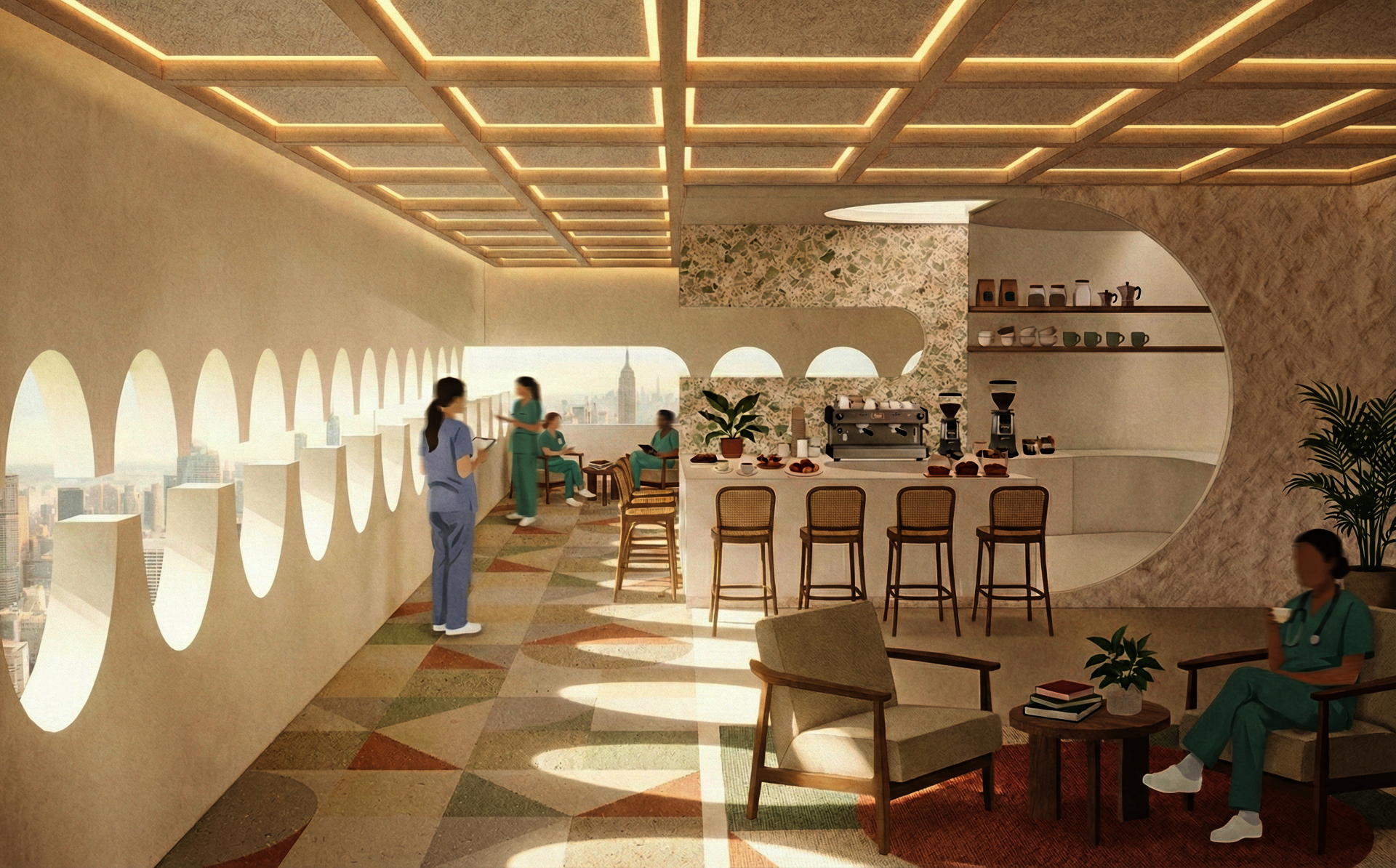Hospital staff support area with curved openings, soft seating, warm materials, and gentle lighting for rest, circulation, and decompression.