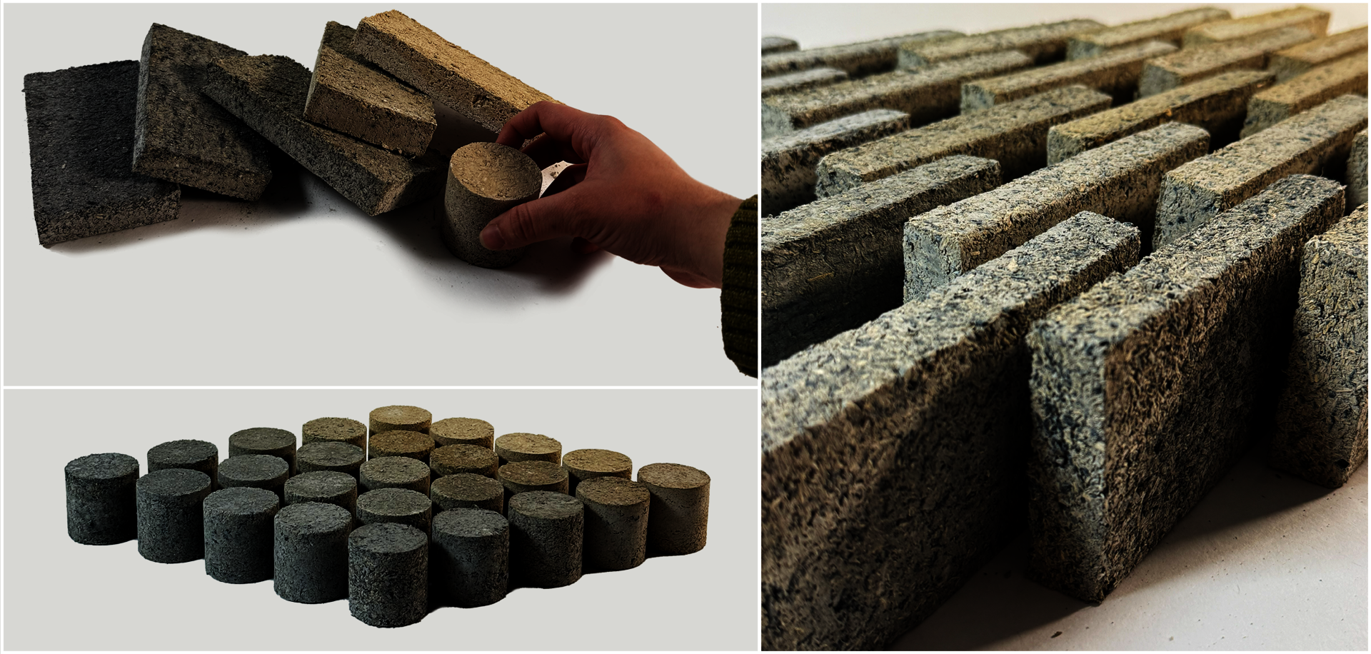 These samples were created for inston testing using different ratios of clay, lime, biochar, and hemp fibers.
