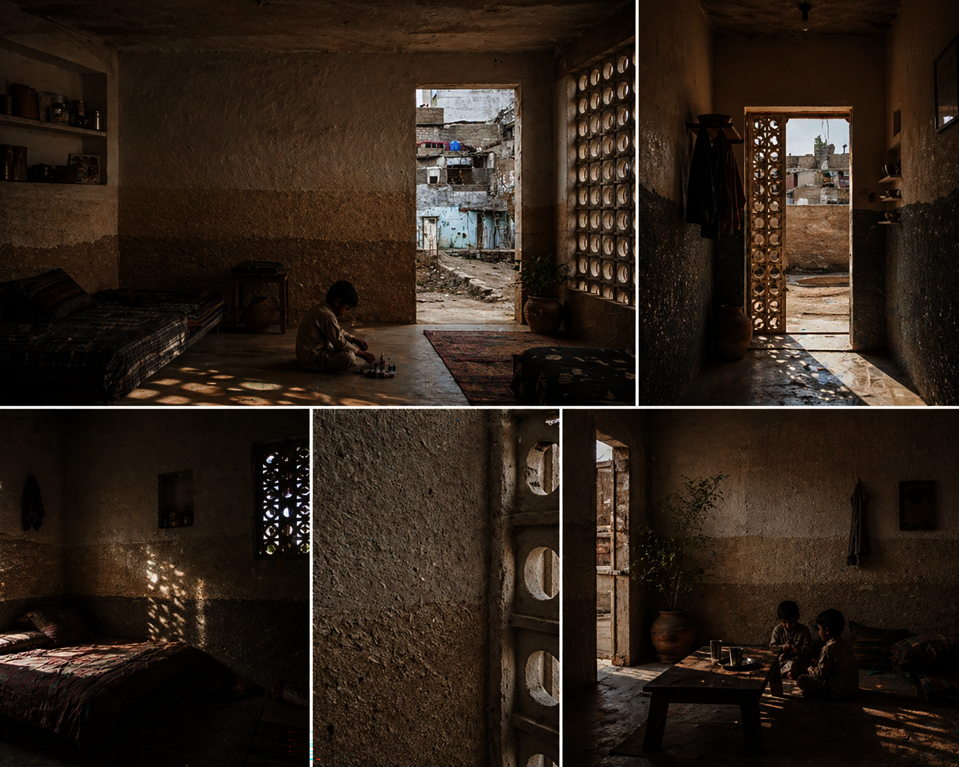 Renders showing the created materials being used in building typologies found in the slums of Karachi, Pakistan.