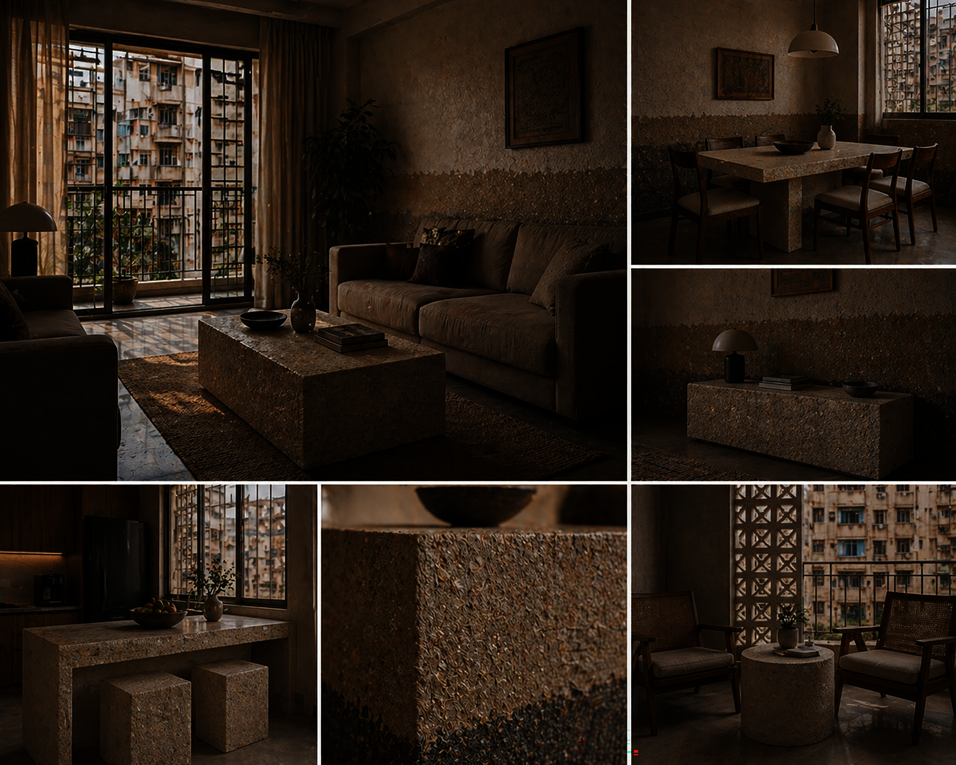 Renders showing the created materials being used in building typologies found in working-class neighborhoods in Karachi, Pakistan. 