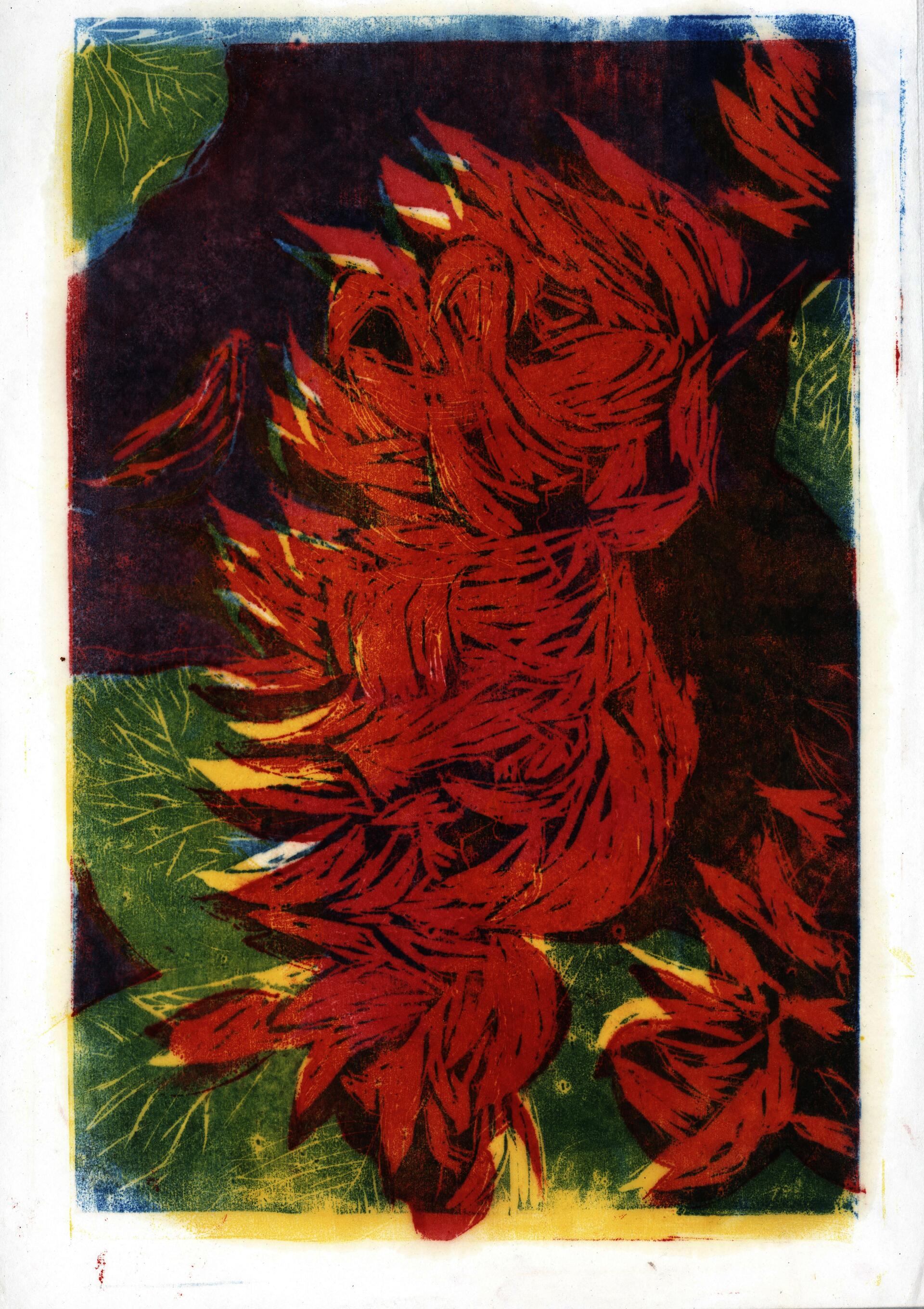 A large print in deep reds, burgundies, greens, and gold on cream paper. A central form of the Flame of the Forest tree rises vertically, visualised as a mass of feathers or flames or leaves caught mid-dissolution.