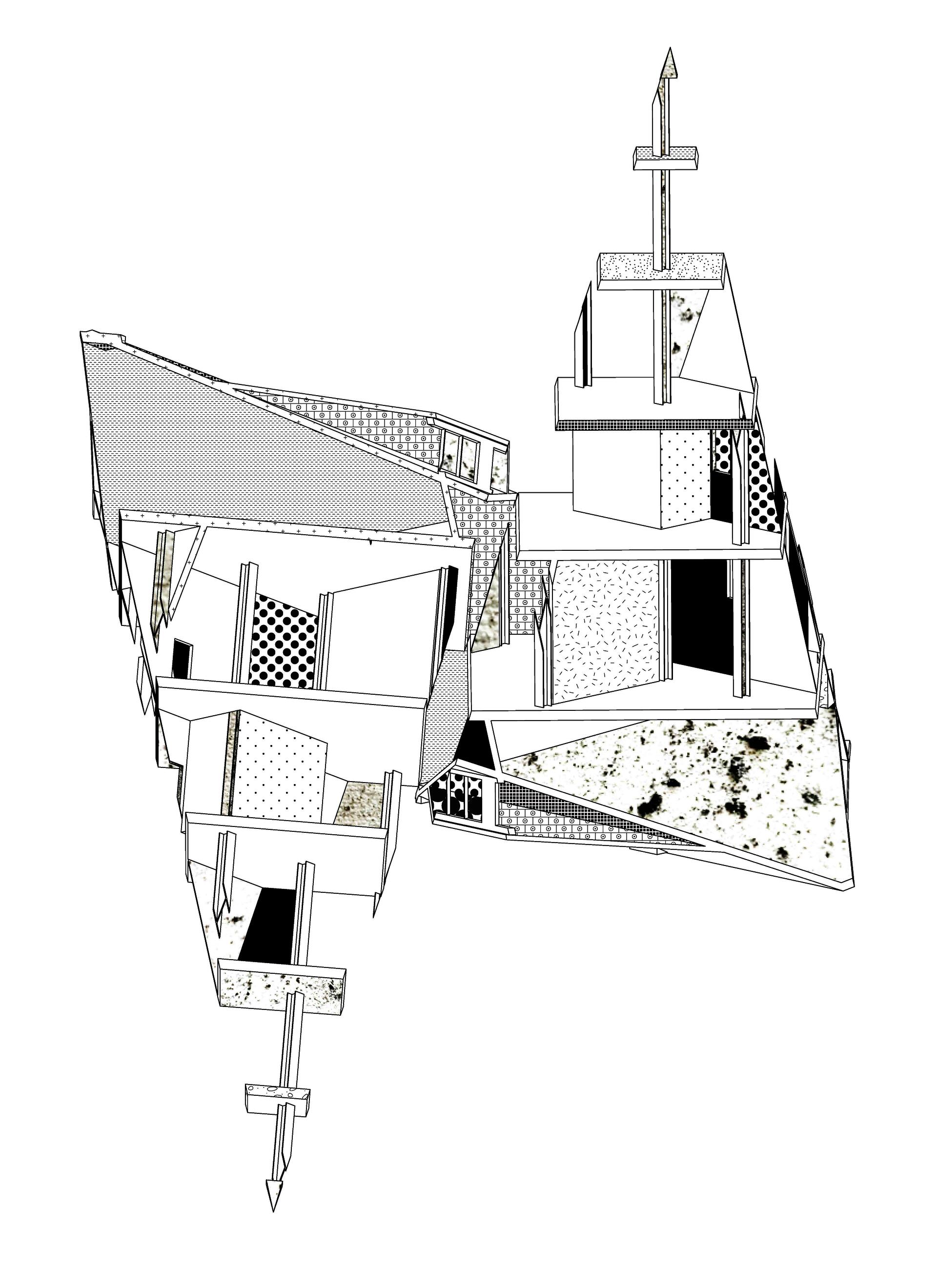Axonometric architectural section drawing of a fragmented building core with patterned hatches and scattered dust textures. Conventional distinctions between solid and empty space are disrupted as debris-like marks occupy selective surfaces and structural elements.