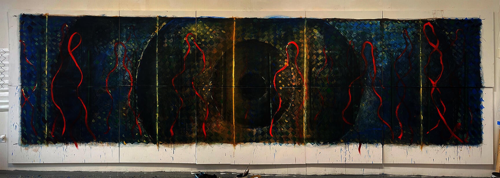 Wide multi-panel abstract painting with a dark blue-green field, red looping vertical lines, gold seams, a shadowy central oval, and a white border band with drips.