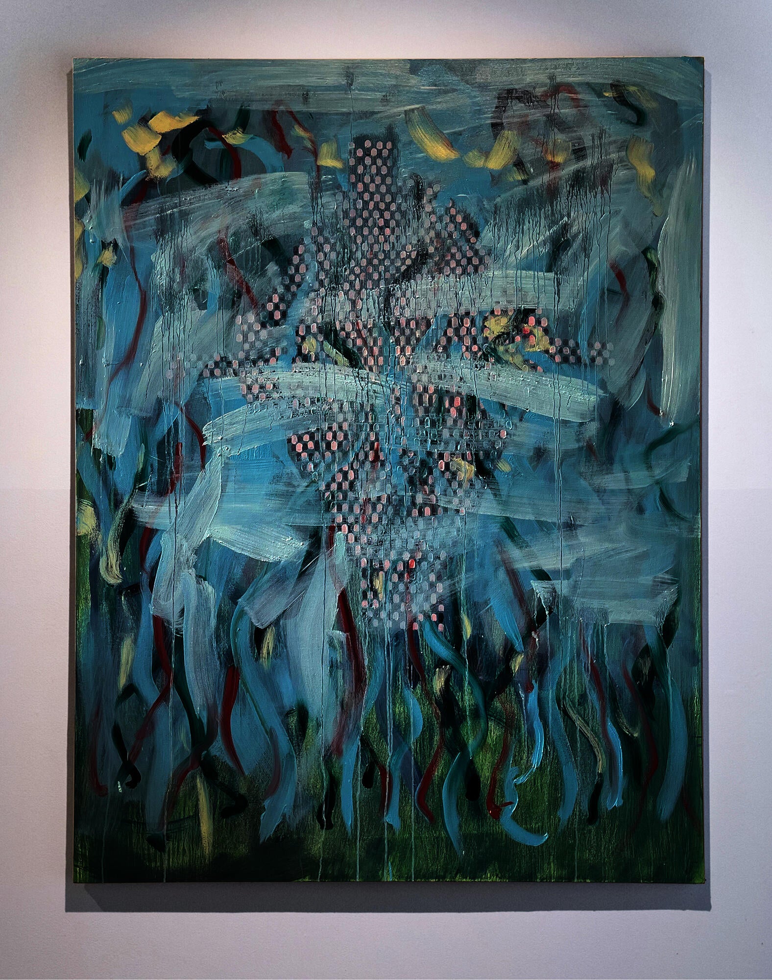 Blue-green abstract painting with broad pale brushstrokes, red and green looping lines, a dotted central form, vertical drips, and darker green along the bottom.