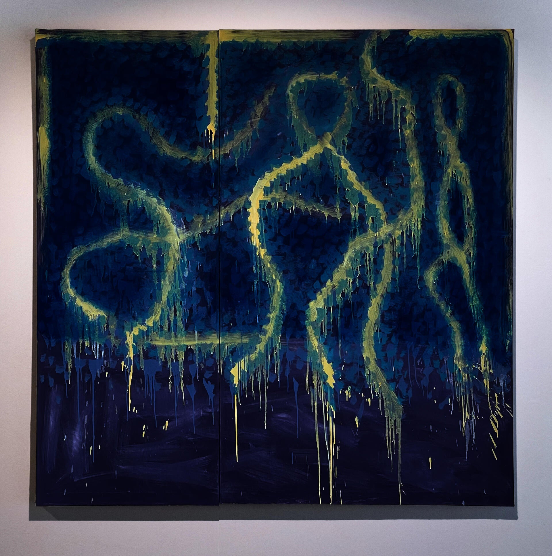 Two-panel blue abstract painting with pale yellow looping lines, heavy vertical drips, a dark teal upper field, and a deep purple lower band.