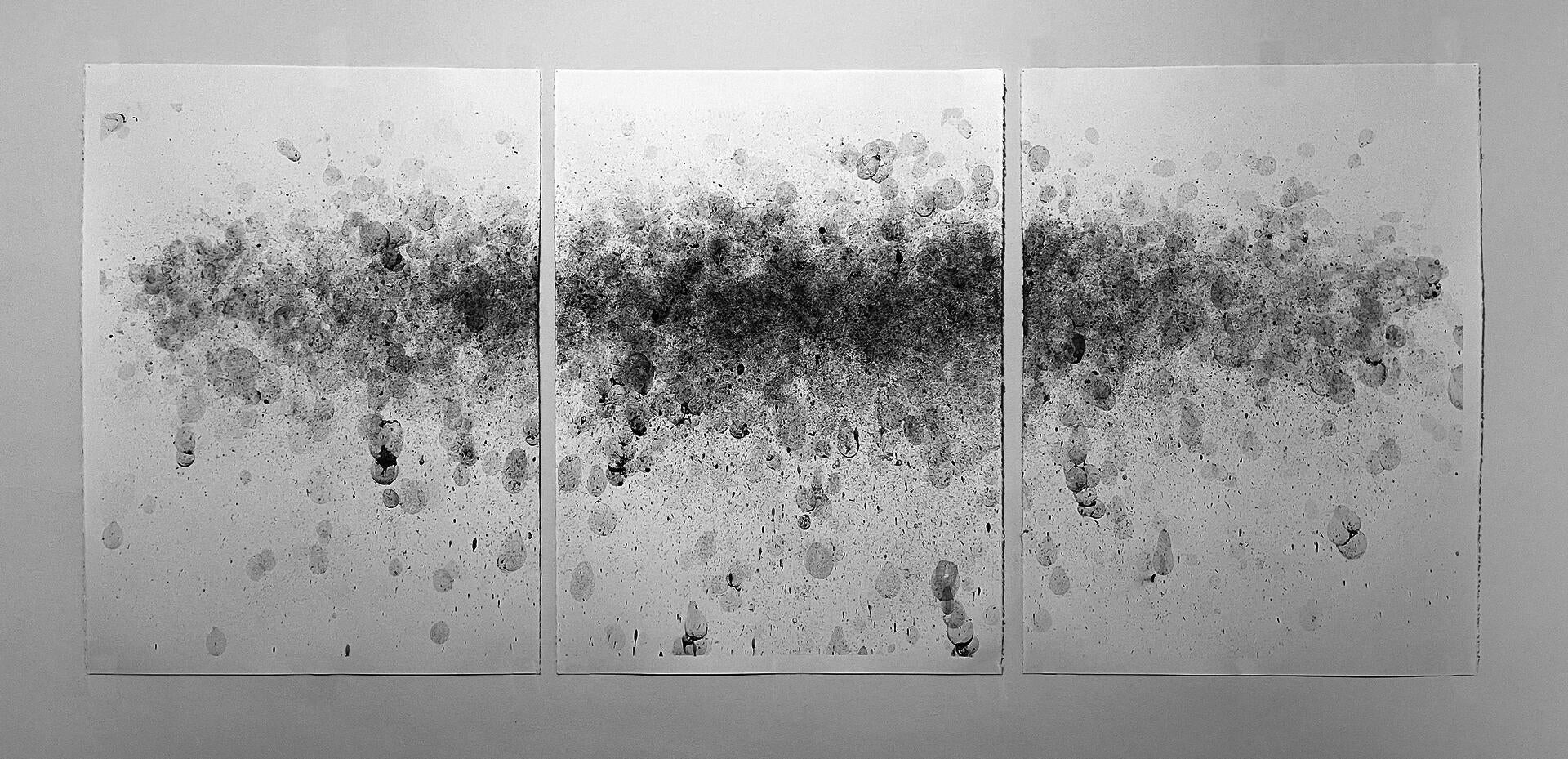 Three-panel charcoal drawing on white paper with a horizontal cloud of gray-black speckles, soft circular stains, and scattered marks fading outward across the surface.