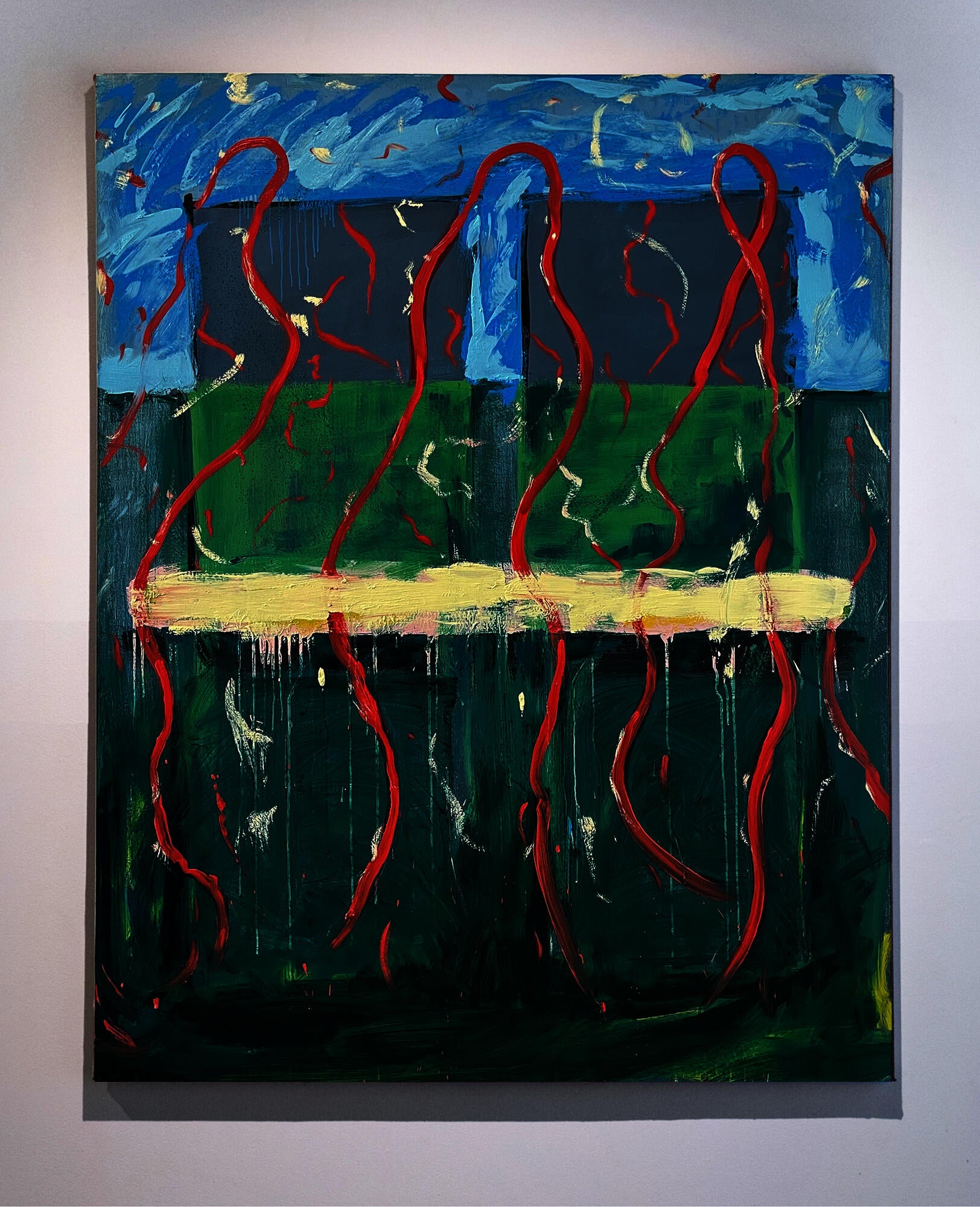 Abstract painting with dark green lower fields, a blue upper band, pale yellow horizontal stripe, gray window-like blocks, red looping lines, pale yellow marks, and drips.