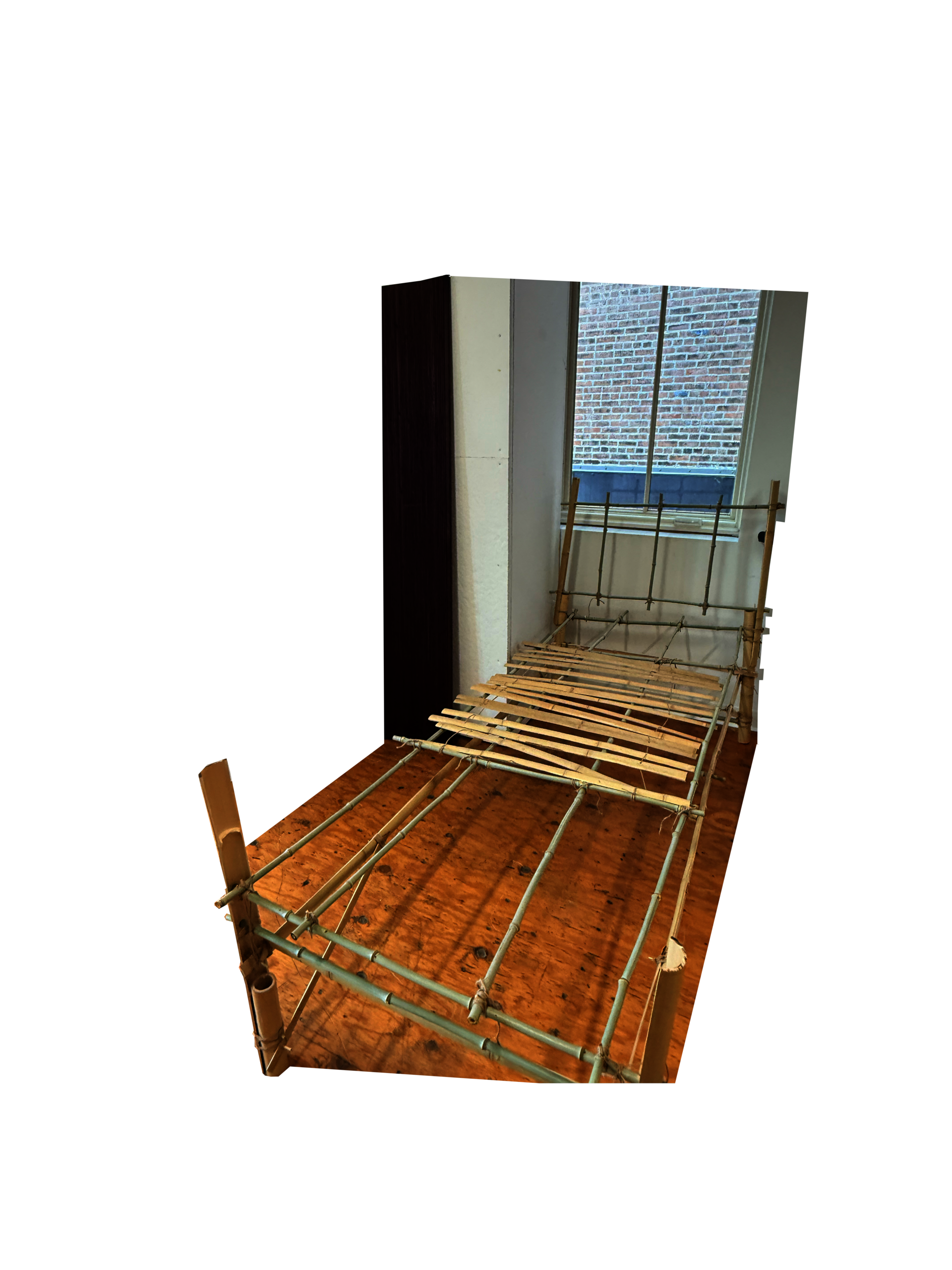 It is a conceptual bed made of bamboo poles with chopsticks used as joint connectors and linen cords used to lash the joints together.