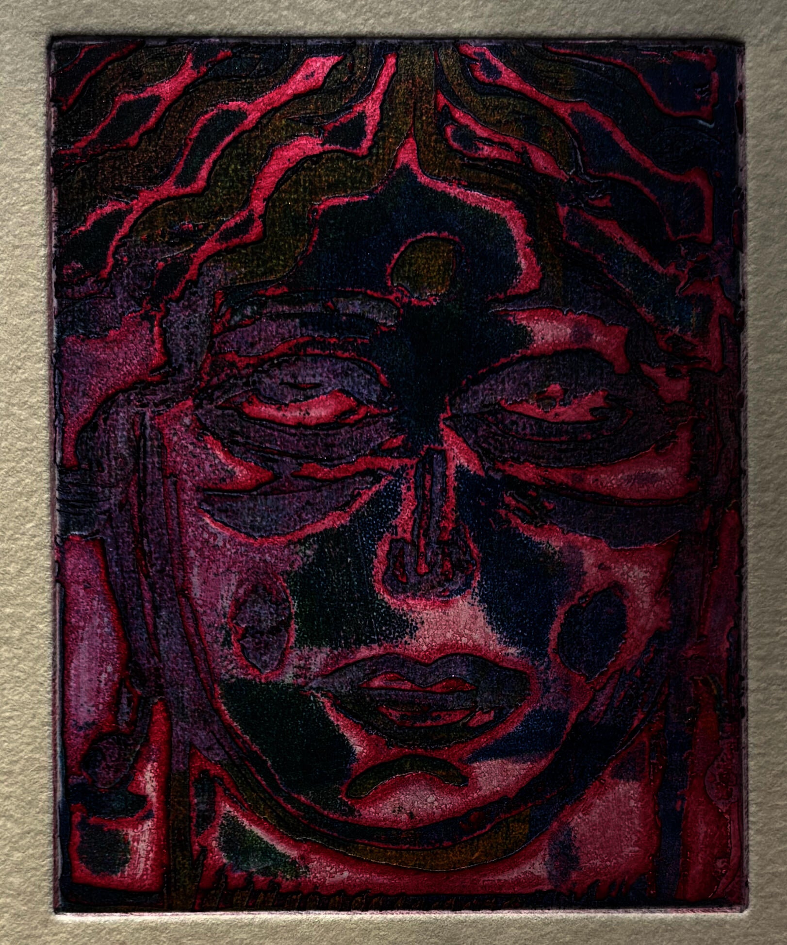 This work is part of a series of 100 plates etched and printed using viscosity technique.