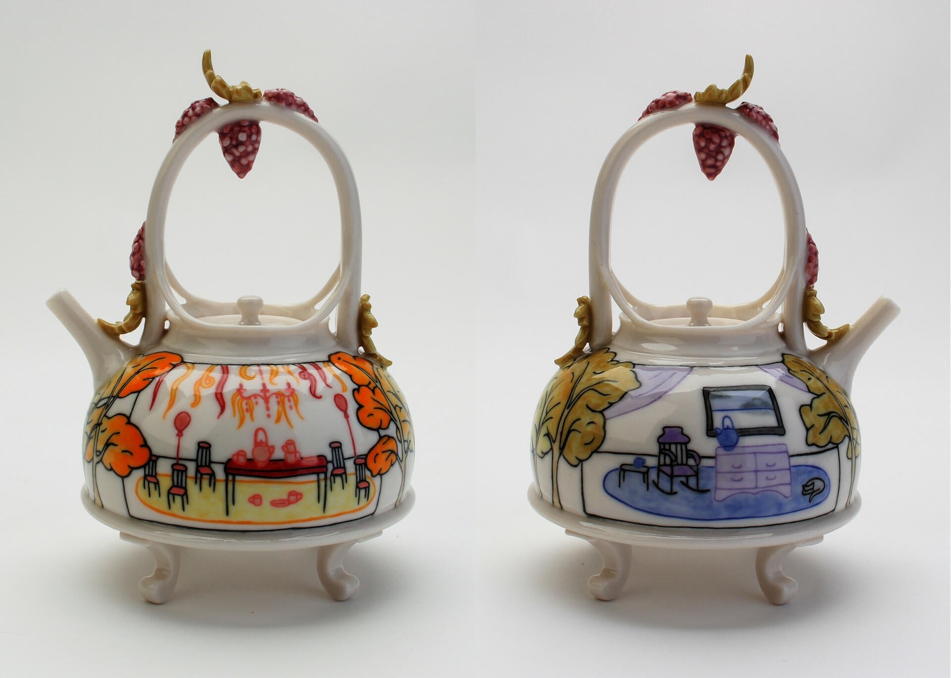 a teapot showing an illustration of the setup for a tea party and on the other side a single chair in a room with tea for one