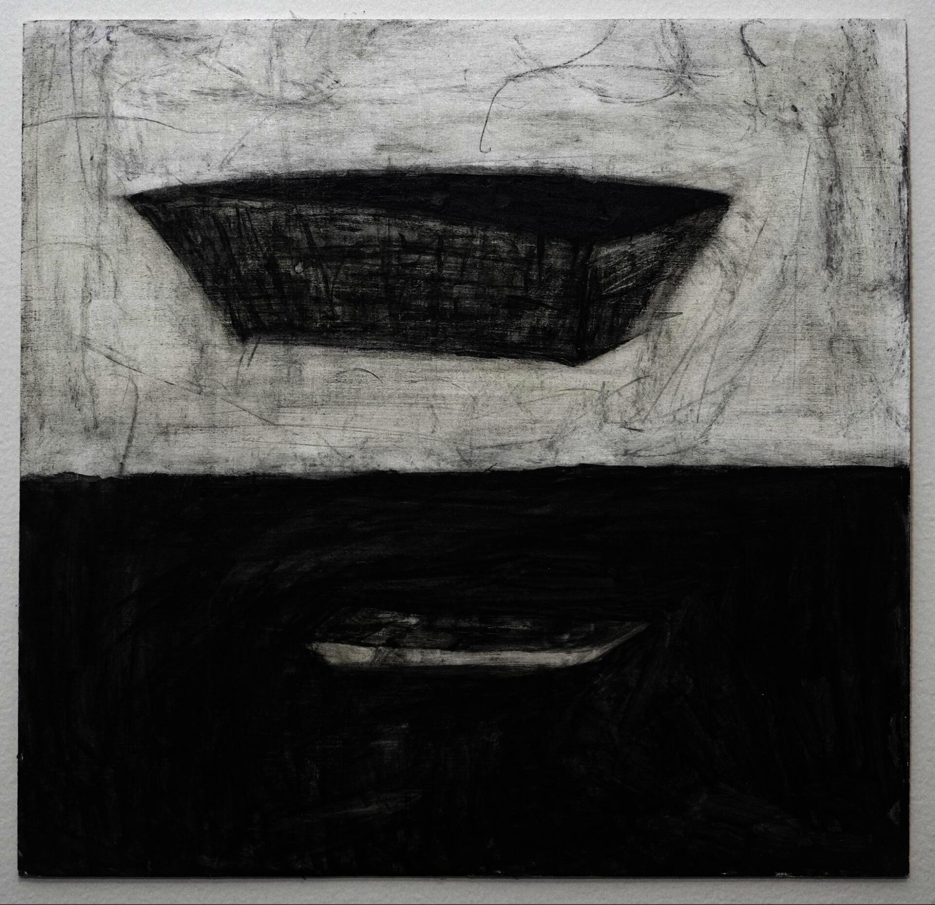Charcoal drawing of a boat suspended above and reflected in dark water, divided by a horizontal line
