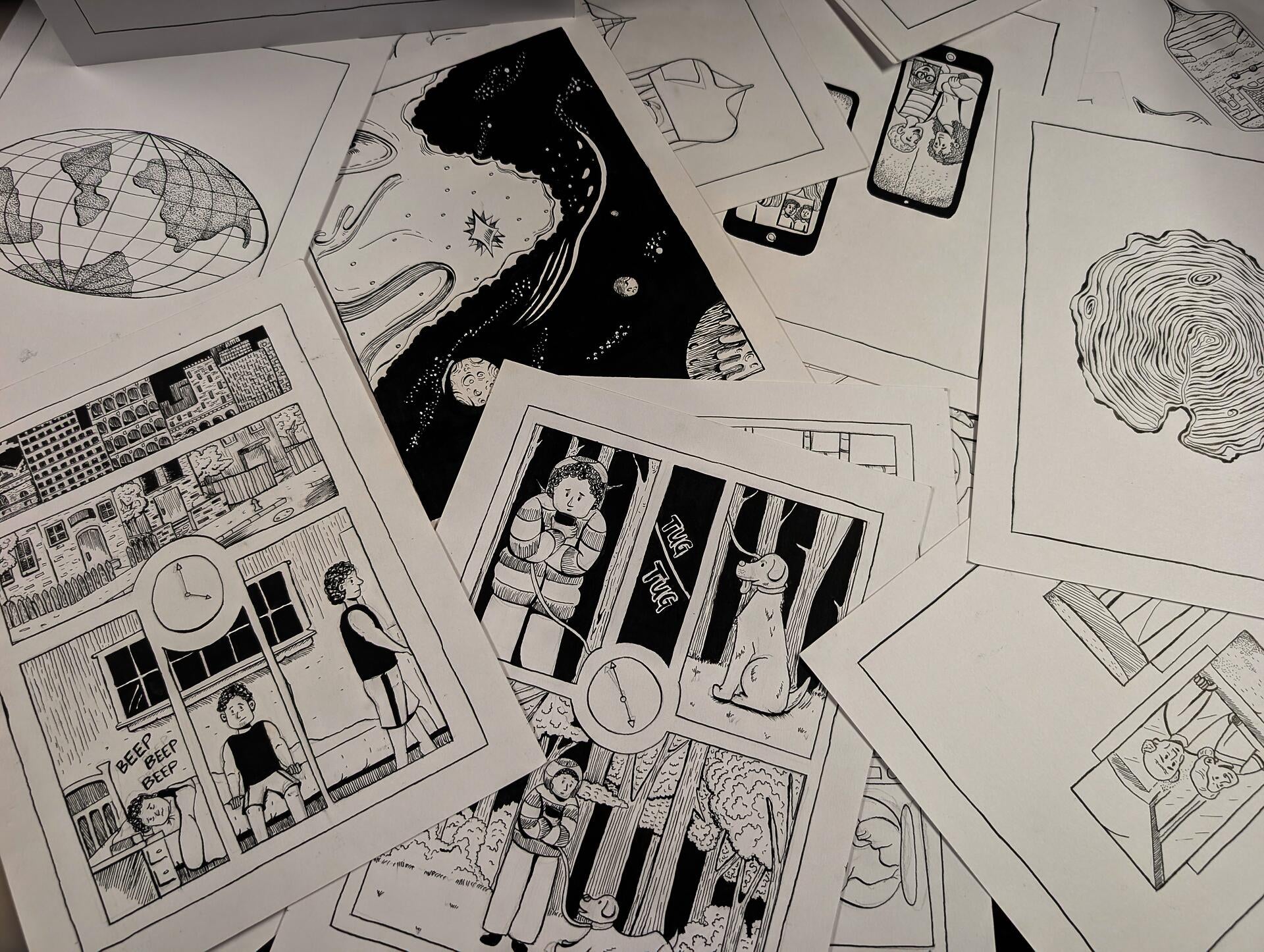 Scattered comic pages showing multiple hand-drawn pages with panels, sketches, and inked line work as a look into the artist's comic-making process.