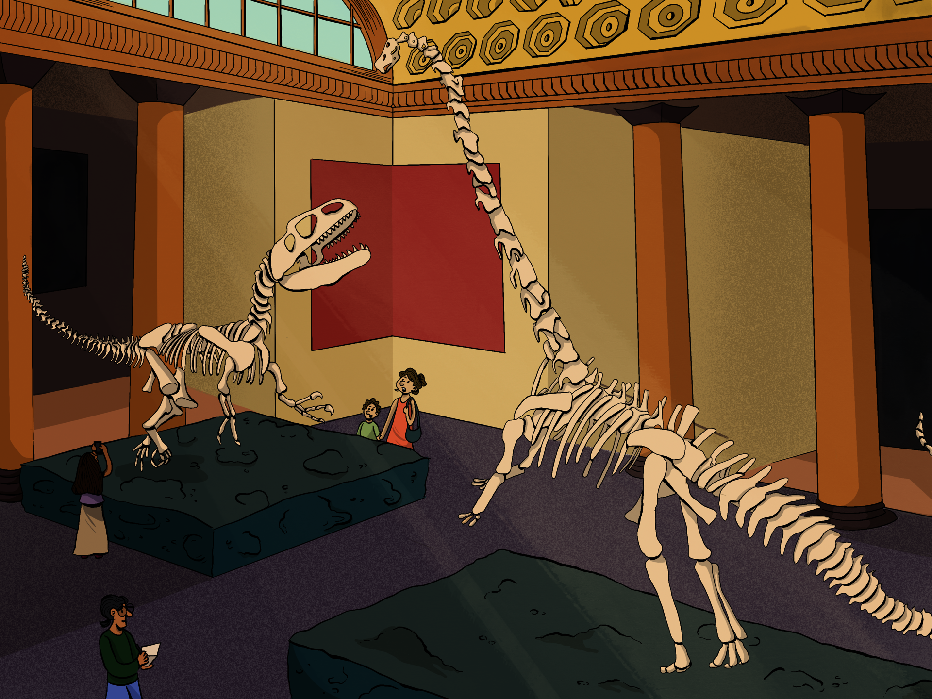 The image shows two dinosaur fossils being looked at by several viewers at the museum. It is drawn digitally using the software Procreate.