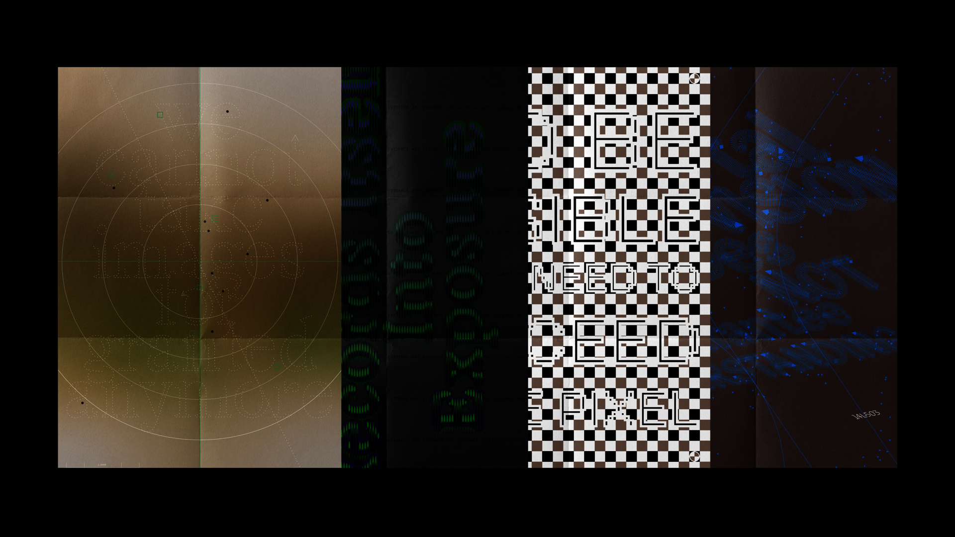 a crosshair target on a golden-brown gradient; dark columns of heat mapped vertical text; a black-and-white calibration targets with pixelated white letterforms reading "TO BE VISIBLE YOU NEED TO EXCEED ONE PIXEL"; navigation aerial view on brown background.