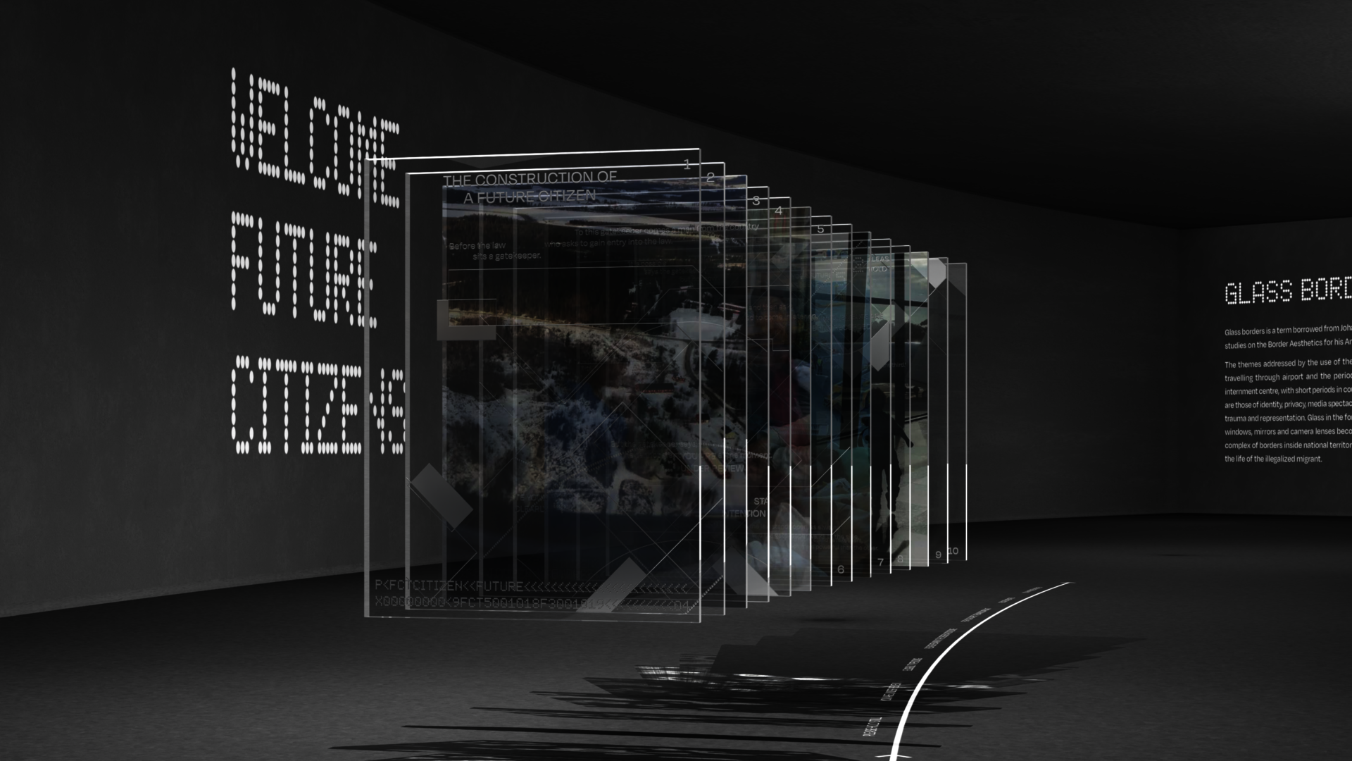 a gray 3D-rendered gallery interior. Center: ten overlapping glass panels recede in perspective, layered with floor plans and white text reading "THE CONSTRUCTION OF A FUTURE CITIZEN." Left wall: dotted text reading "WELCOME FUTURE CITIZENS." Right wall: partial text reading "GLASS BORDERS"