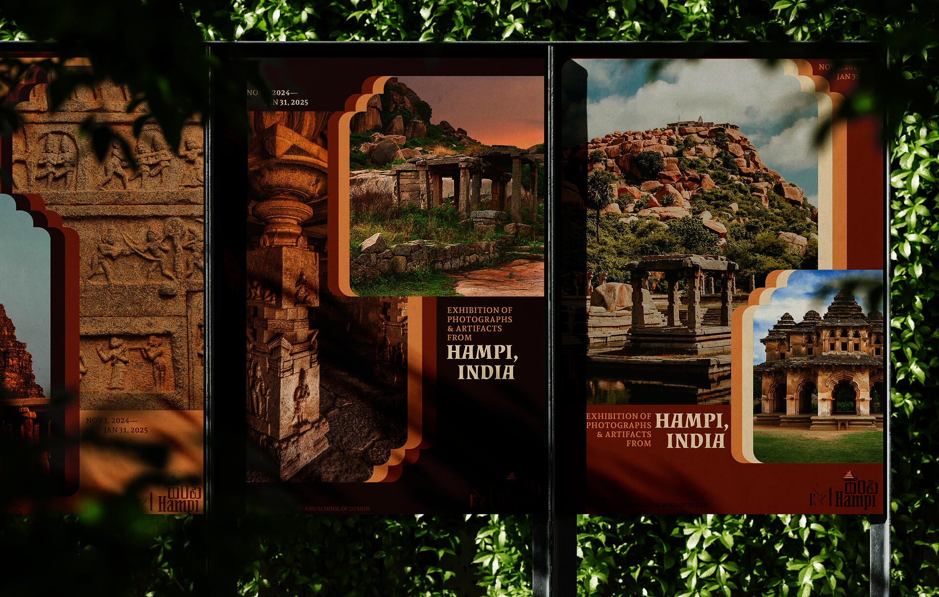 Exhibition posters for Hampi, India display the bilingual identity system with warm terracotta and cream color palettes, featuring photographs of ancient stone…Exhibition posters for Hampi, India display the bilingual identity system with warm terracotta and cream