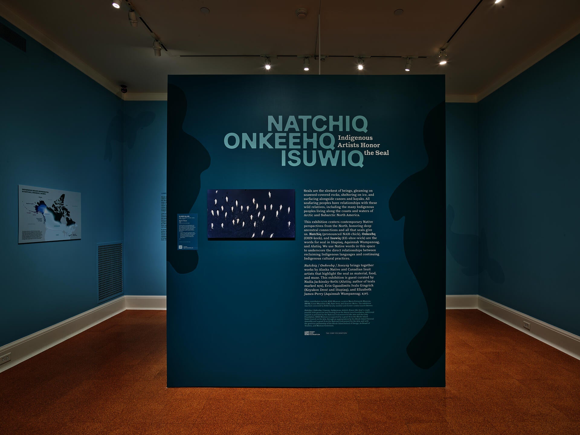 An exhibition gallery displays a large teal wall panel with the title "Natchiq Onkeehq Isuwiq: Indigenous Artists Honor the Seal" in light blue typography, accompanied by contextual text and an artwork featuring white seal silhouettes on a dark background.
