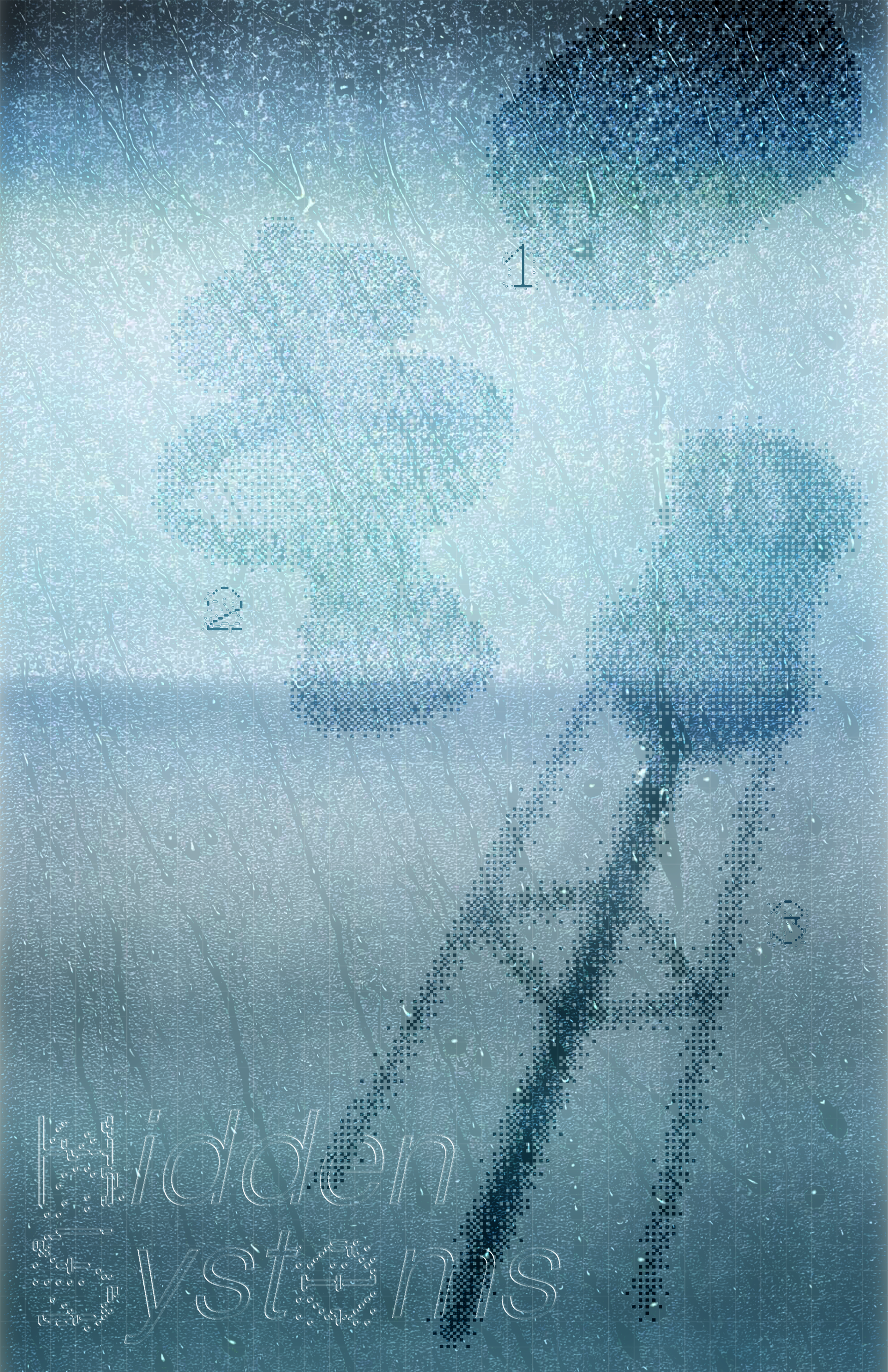Blue-toned poster layering abstract infrastructural forms, halftone textures, and condensation effects to reveal hidden urban water and civic systems.