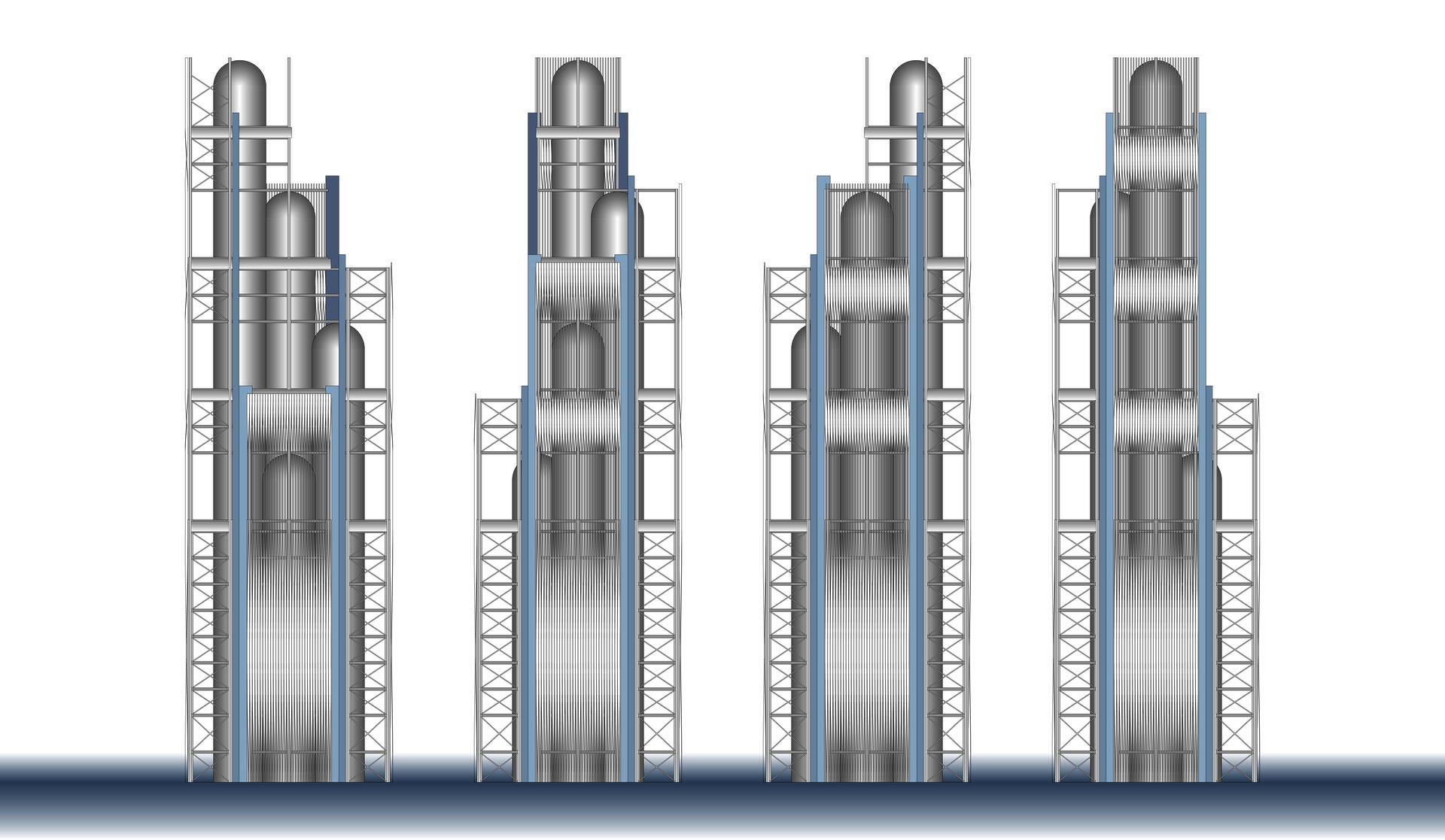 A series of four elevation studies showing vertically stacked water towers exploring variations in density, visibility, and expression of infrastructural systems. 