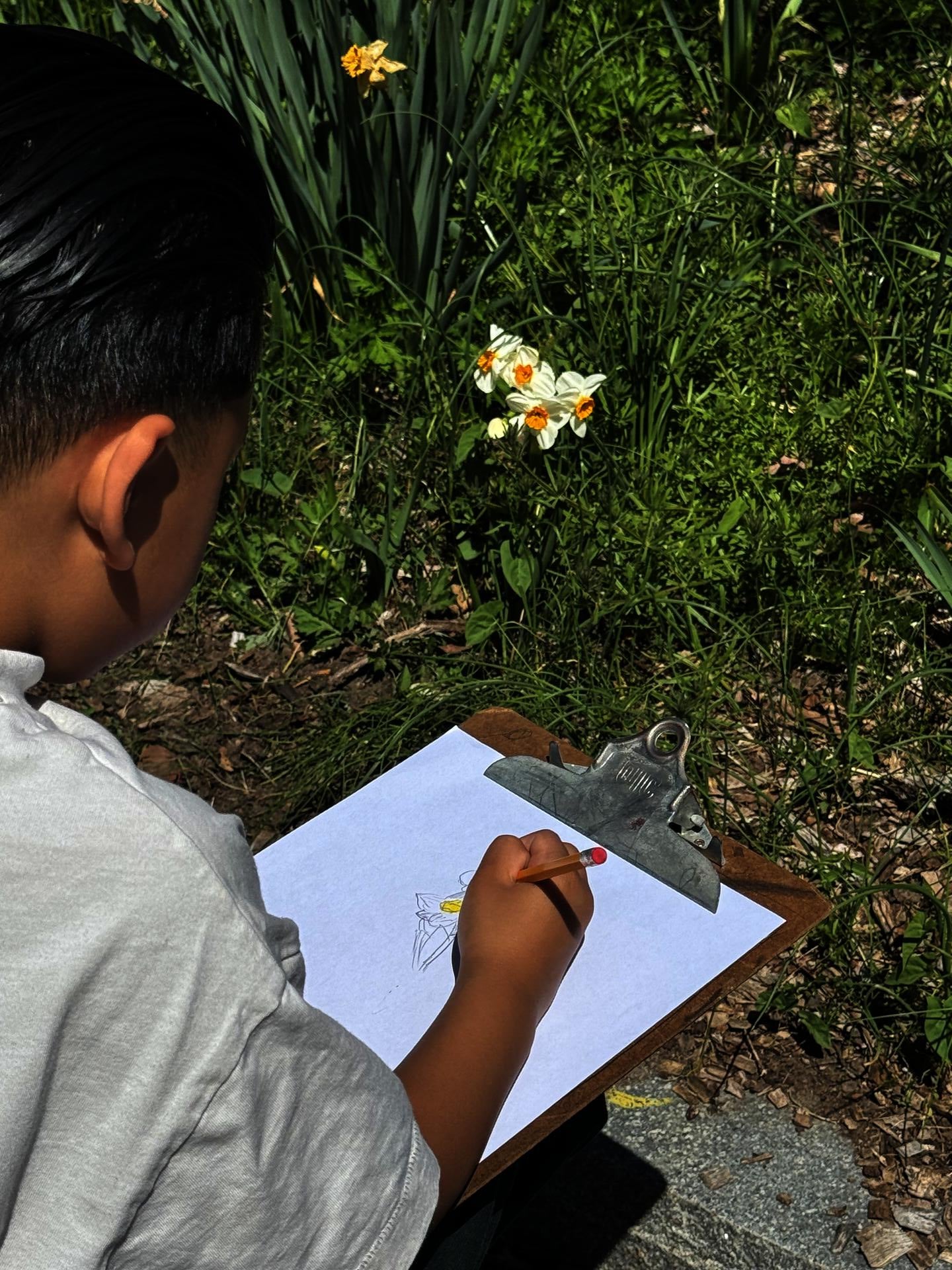 Elementary student sitting at a desk looking at an ostrich toy through a magnifying glass 