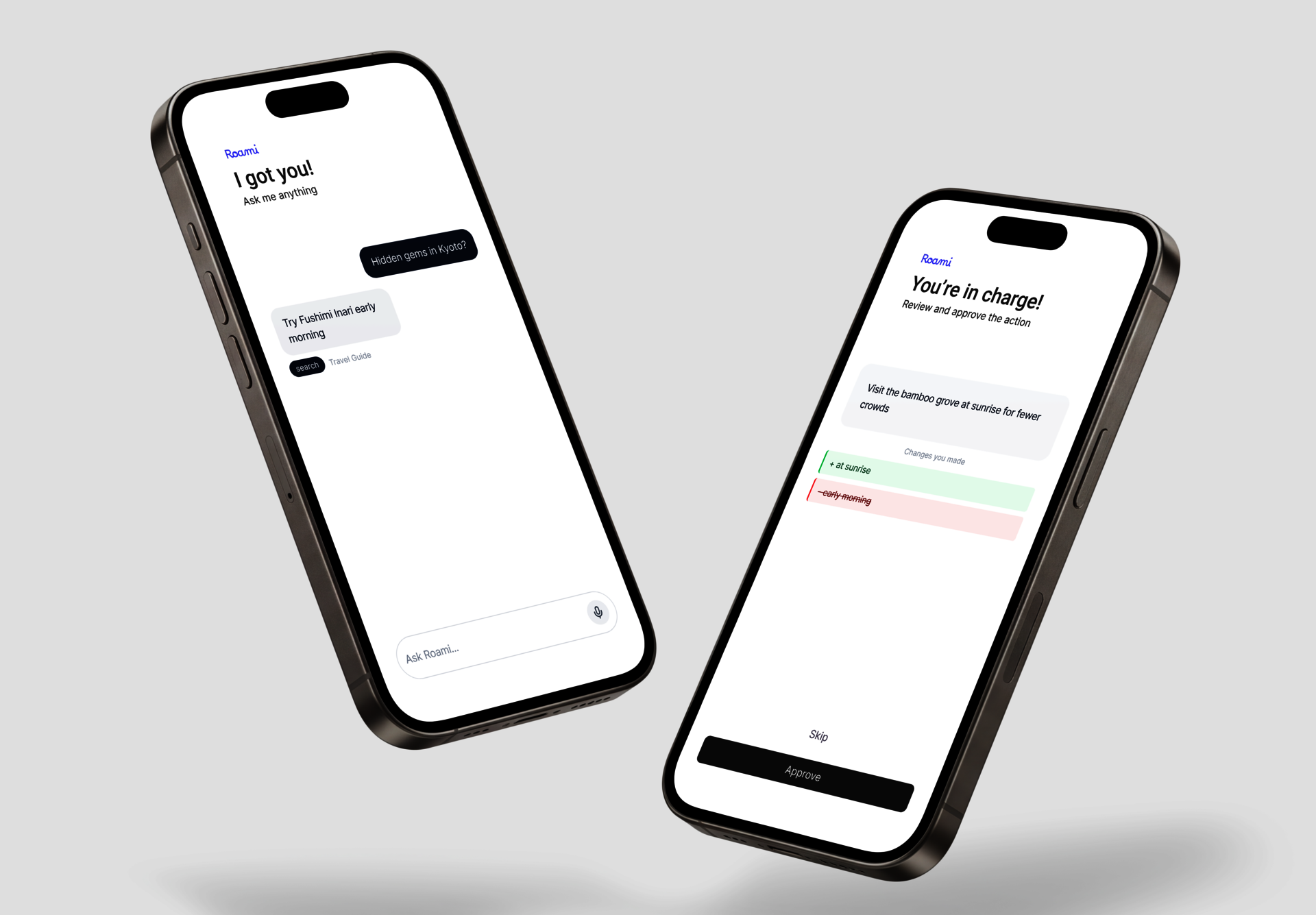 Chat-style AI interface showing conversational responses, quick suggestions, and an input field for asking context-aware questions naturally. Approval screen showing AI-generated recommendation edits, with user reviewing changes before approving or skipping, emphasizing transparency, explainability, and human control over AI actions.