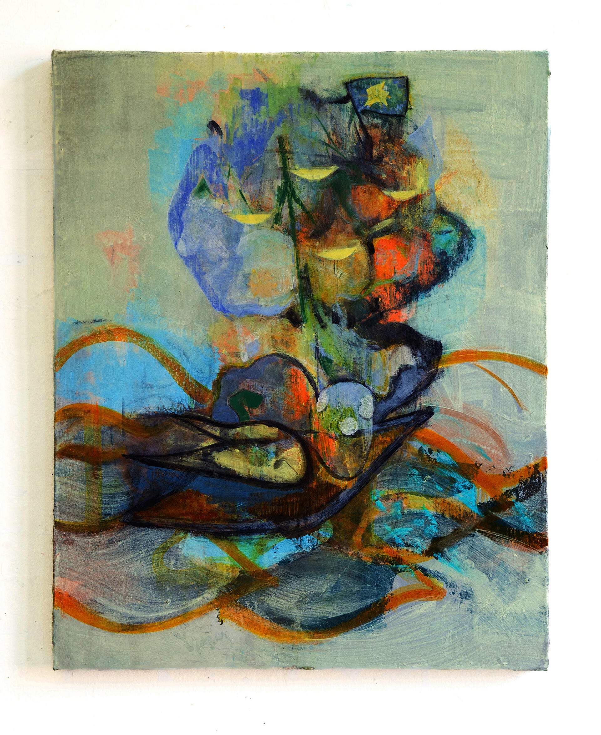 Patches of orange, blue paint marks interweave with dark skeleton-like abstract lines on a pale yellow-green field.