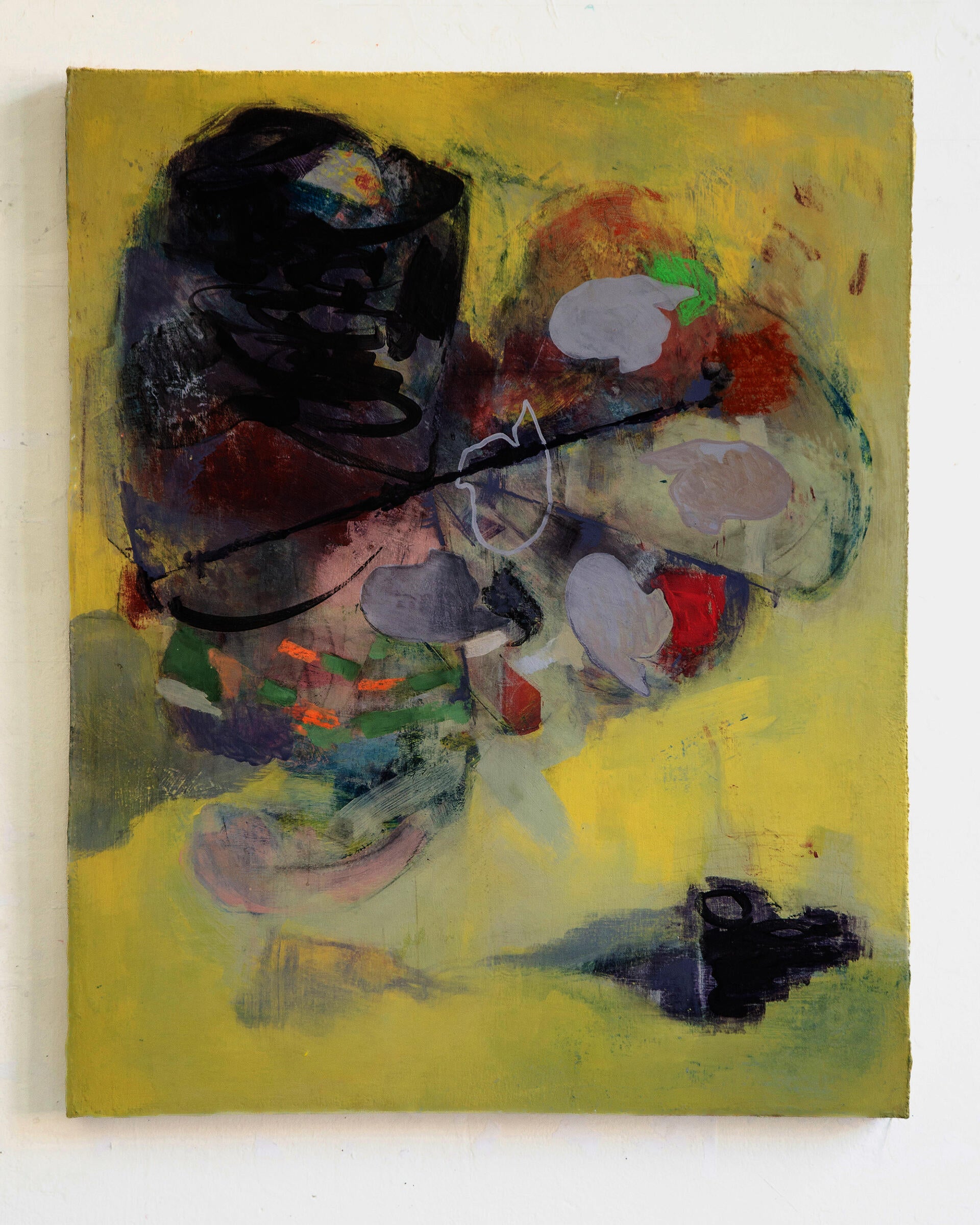 On a light yellow background, a big dark mass that has scribbles gesture takes up center and upper left of the image. 