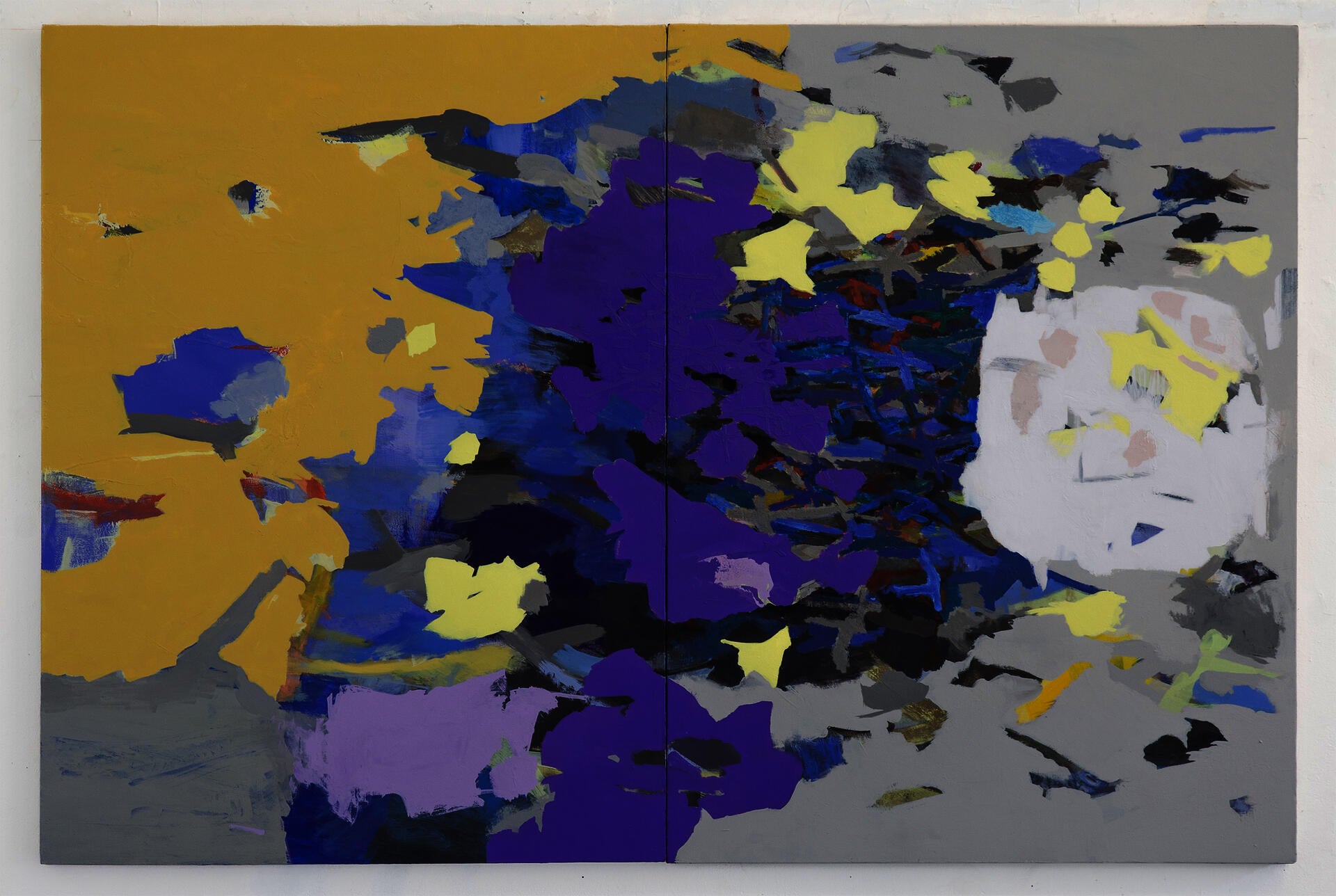A series of hard edge abstract shapes in varied shades of yellow, purple, blue, grey, that forms a dark mass in the middle.  