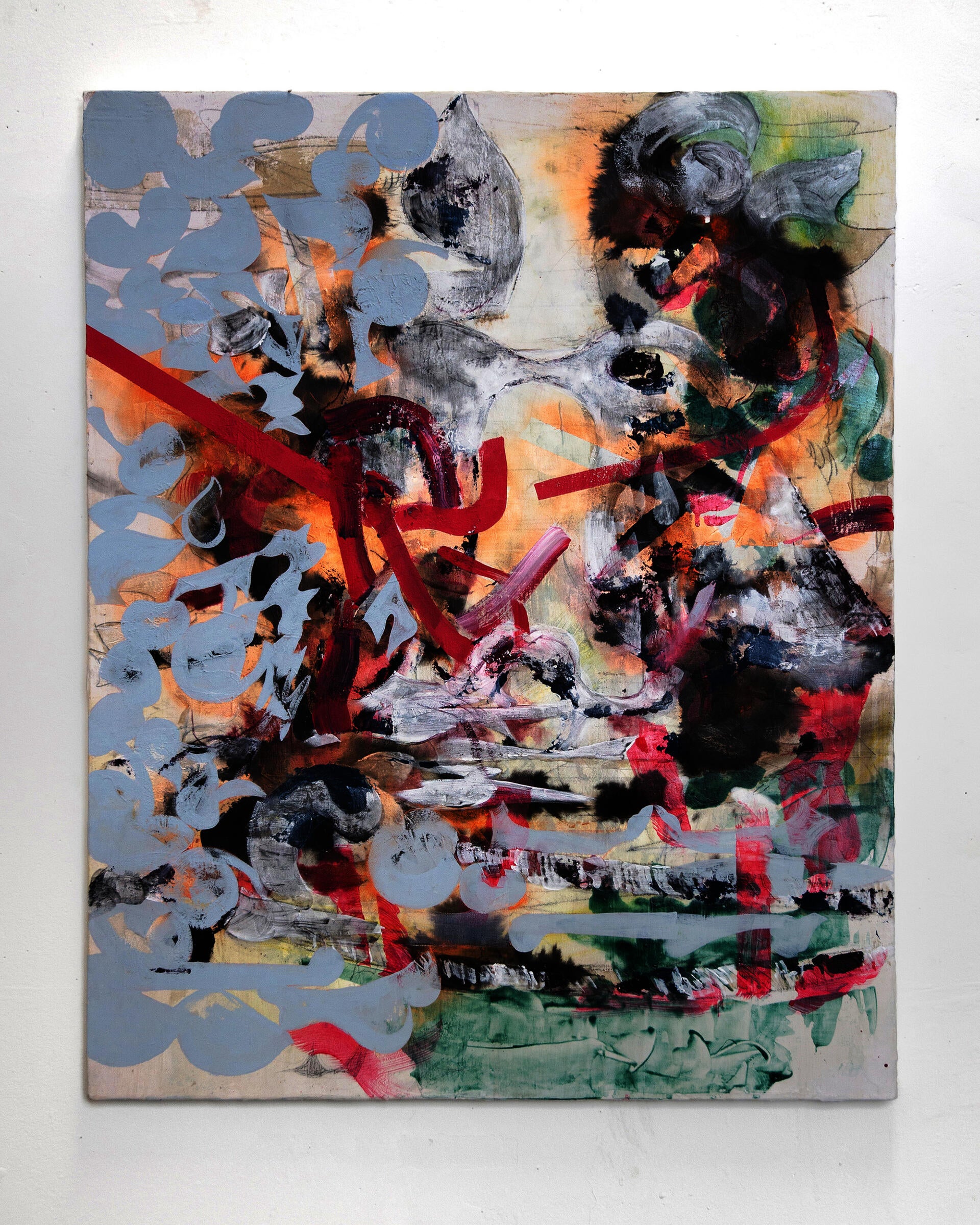 A series of red lines twisted in central composition, interweaving with ink black, green, and small pale blue shapes.