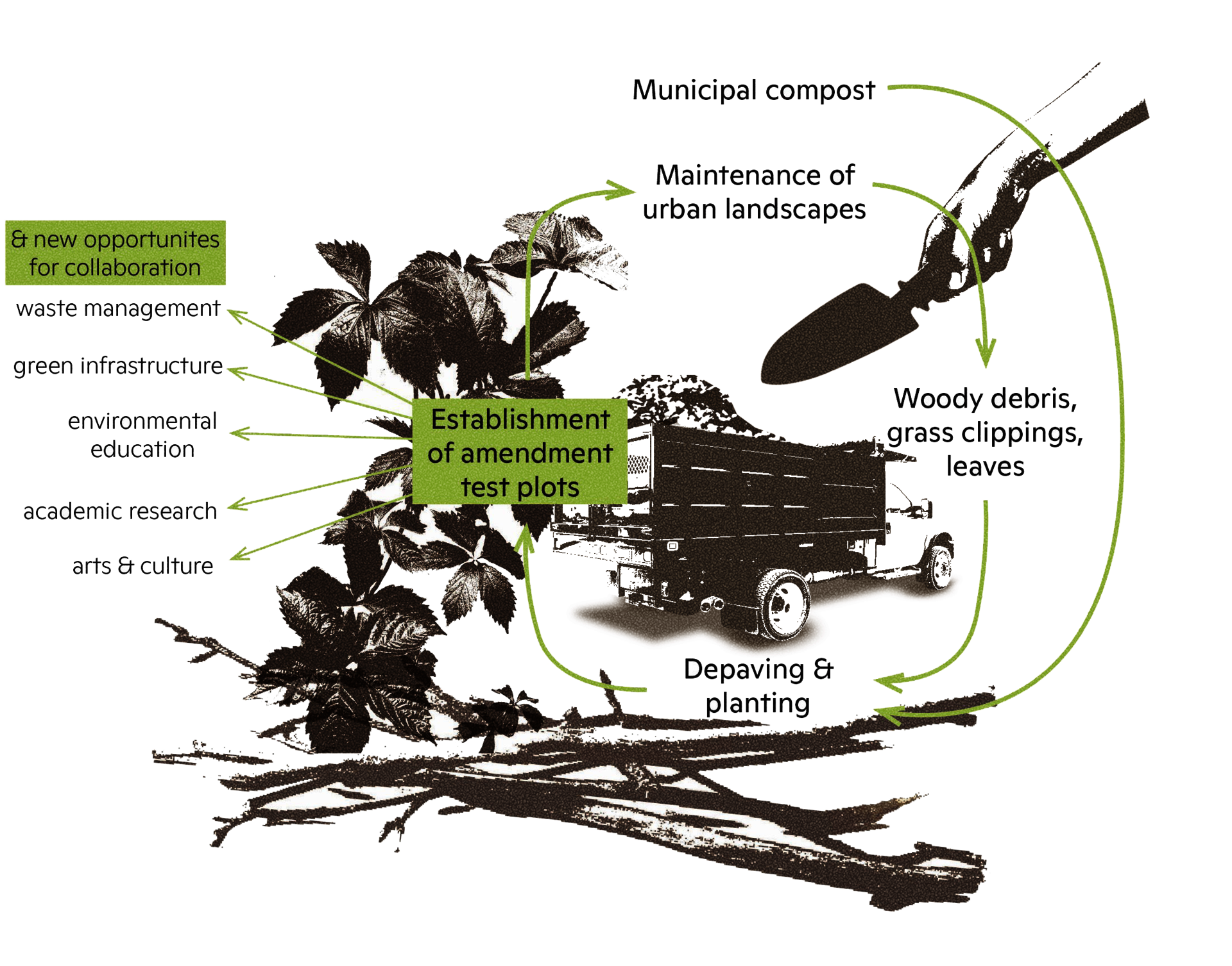 System diagram showing how landscape 'waste' is diverted away from the landfill and back to the land, producing the conditions for experimental landscapes and local collaboration networks. Image of virginia creeper, a pile of brush, a gardener's hand, and a mid size truck behind the diagram.
