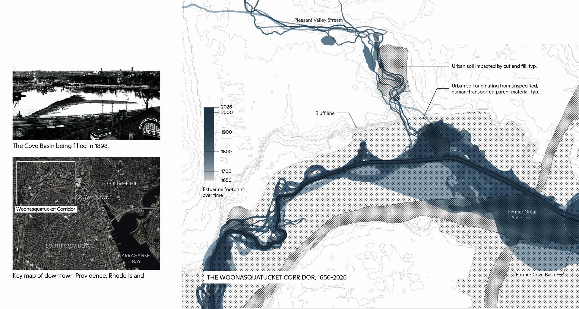 A map of the Woonasquatucket Corridor in downtown Providence using blue layers to show how the river has been progressively engineered and channelized since it was first mapped by colonists in the 1700s. 