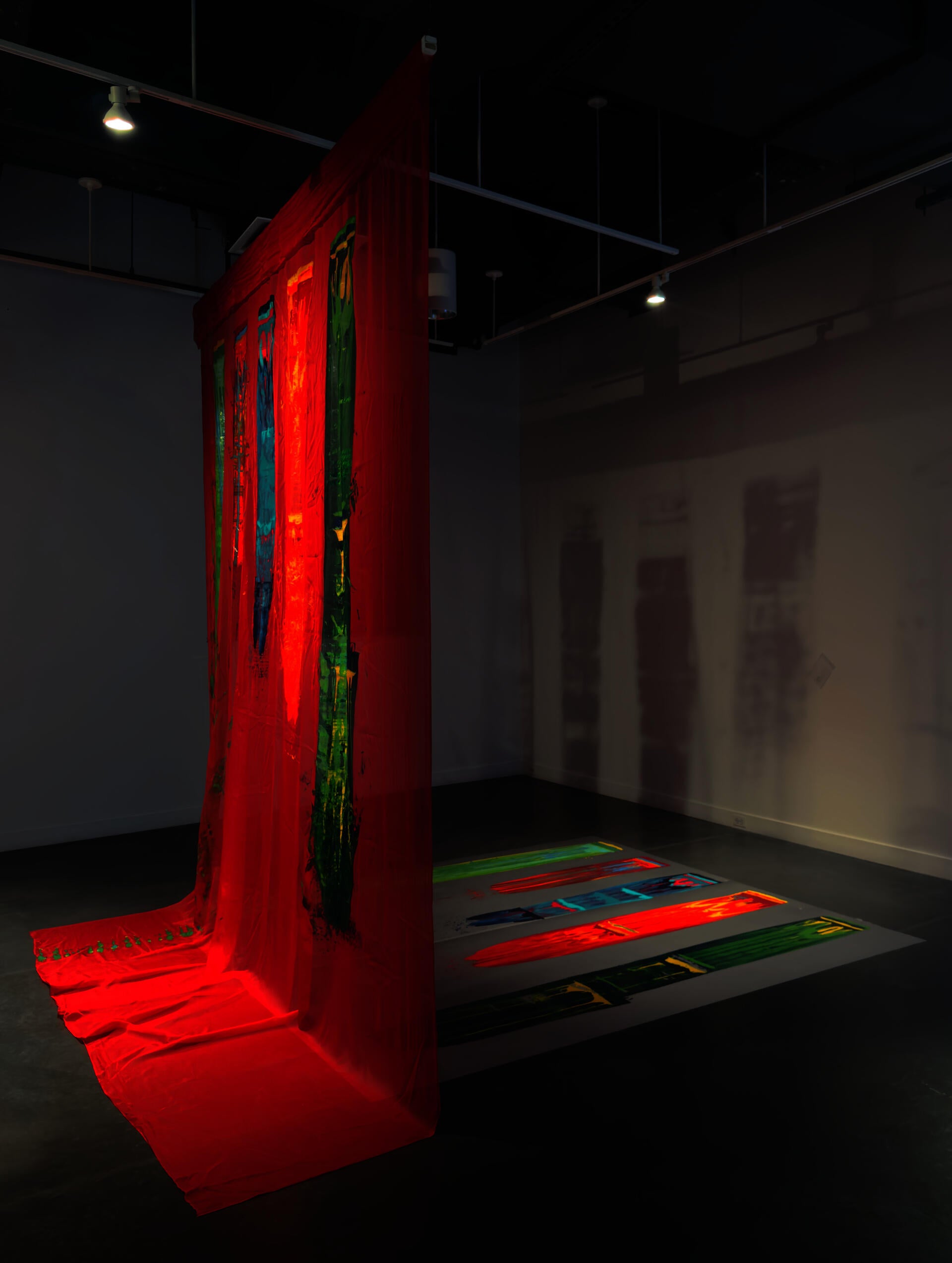 Its an Installation of a red shear fabric hanging vertically, projecting its shadow on wall and ground. the ground contains vellum sheet, a print from the fabric. it contains five long gestural marks.
