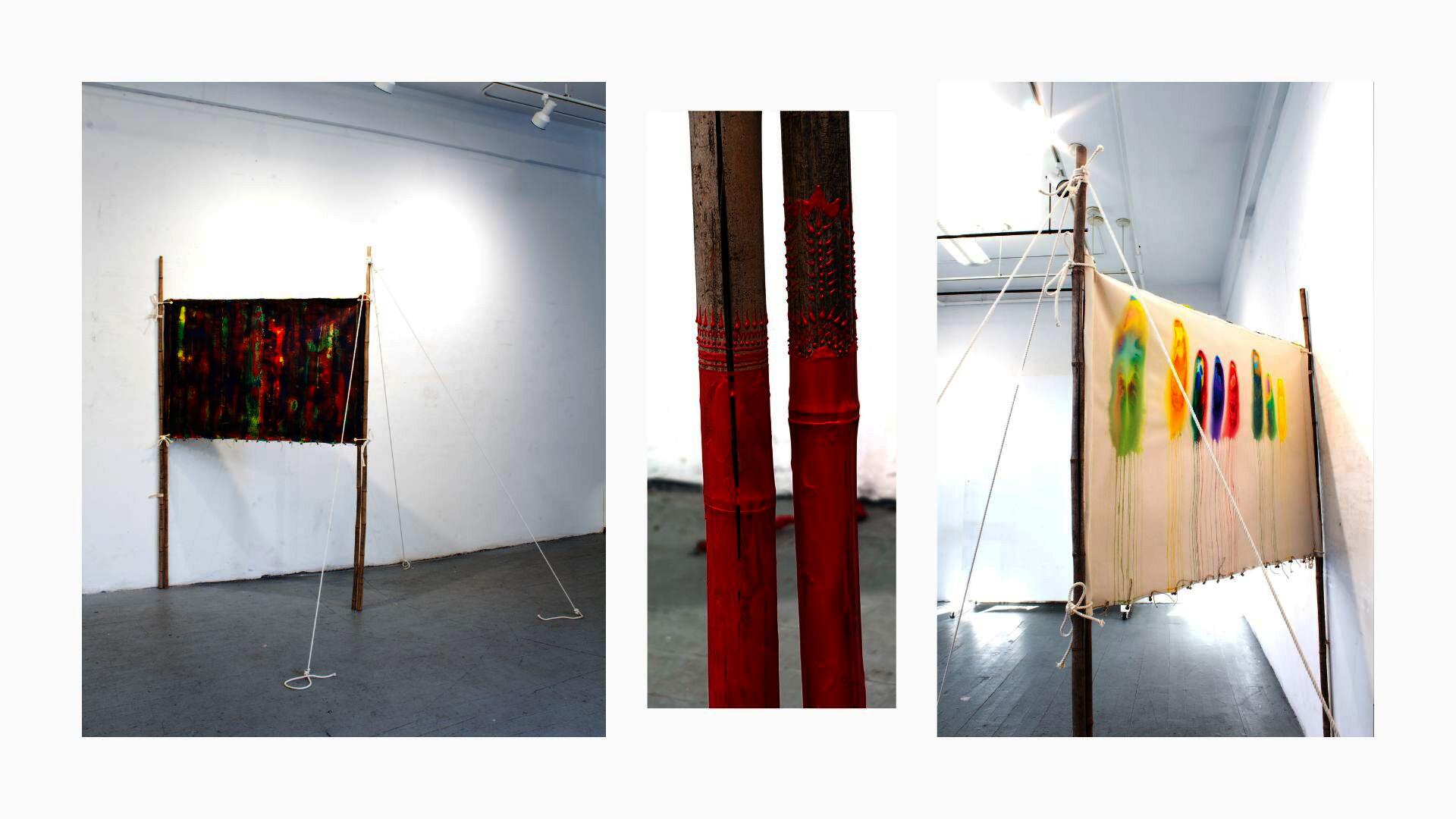 This piece stands on two bamboo, attached to the wall from one end, and coming off of the wall diagonally. this bamboo is balanced with three ropes attached the the floor.
