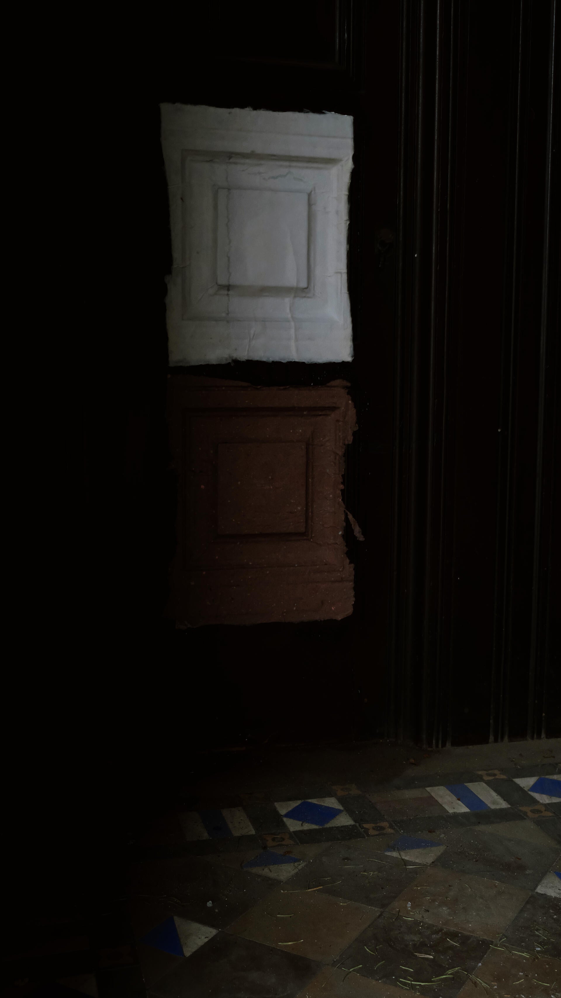 A sheet of wet handmade paper pressed flat against an ornate interior wall, capturing the surface texture and architectural detail of a historic Providence vestibule.