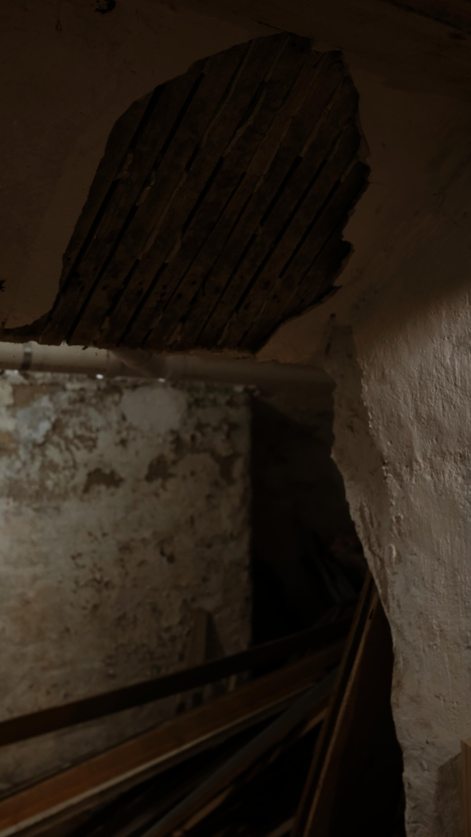 Crumbling plaster on a basement wall revealing wooden lathing beneath, exposing the layered construction of a historic Providence building.