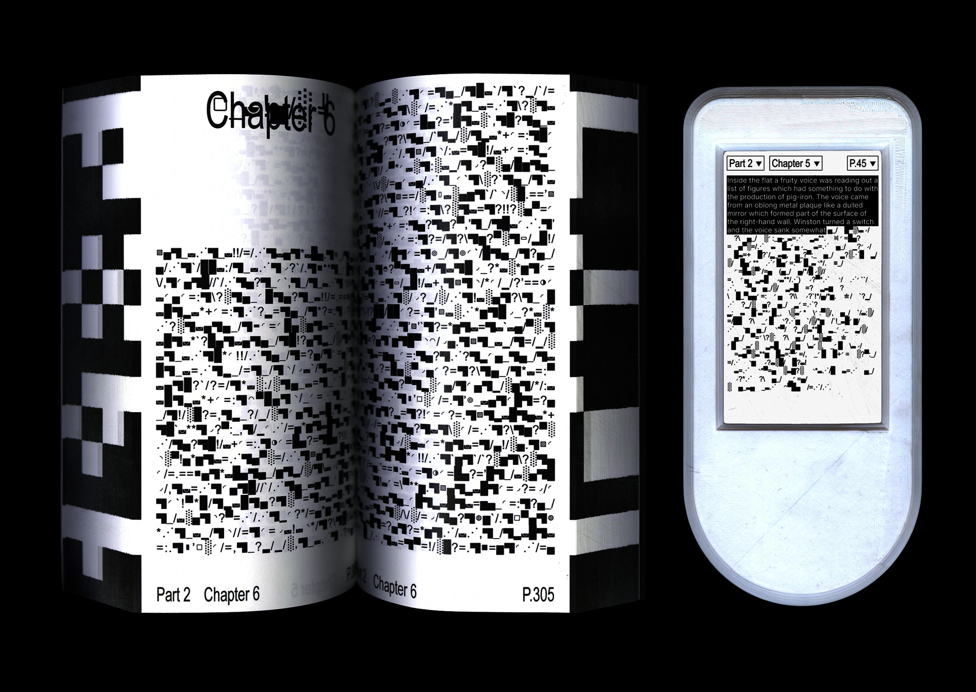 Spread of the book 1984. The content is encoded in a new language, and next to that, there is a decoding device.