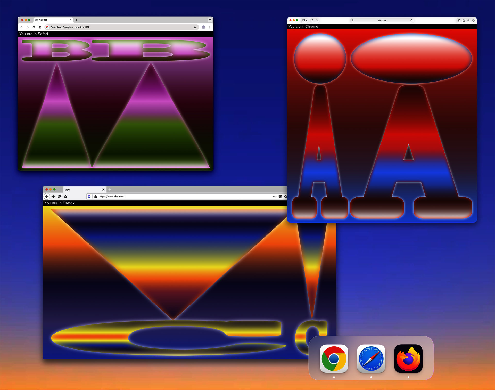 Identical domains open in different browsers such as Safari, Chrome, Firefox. Three overlapping browser windows display glowing abstract letterforms and gradients in pink, red, blue, green, and yellow against a purple desktop background.