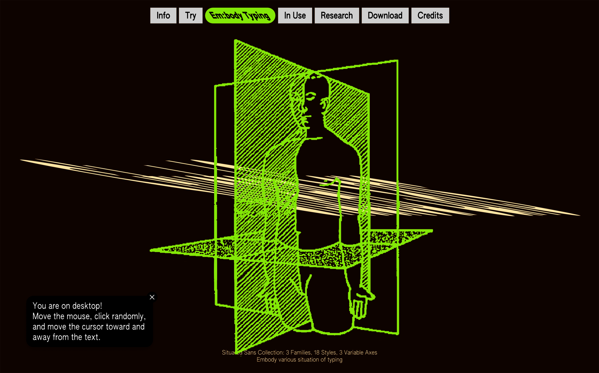 Neon green wireframe human figure and geometric planes on a brown screen interface with navigation tabs and instructional text.