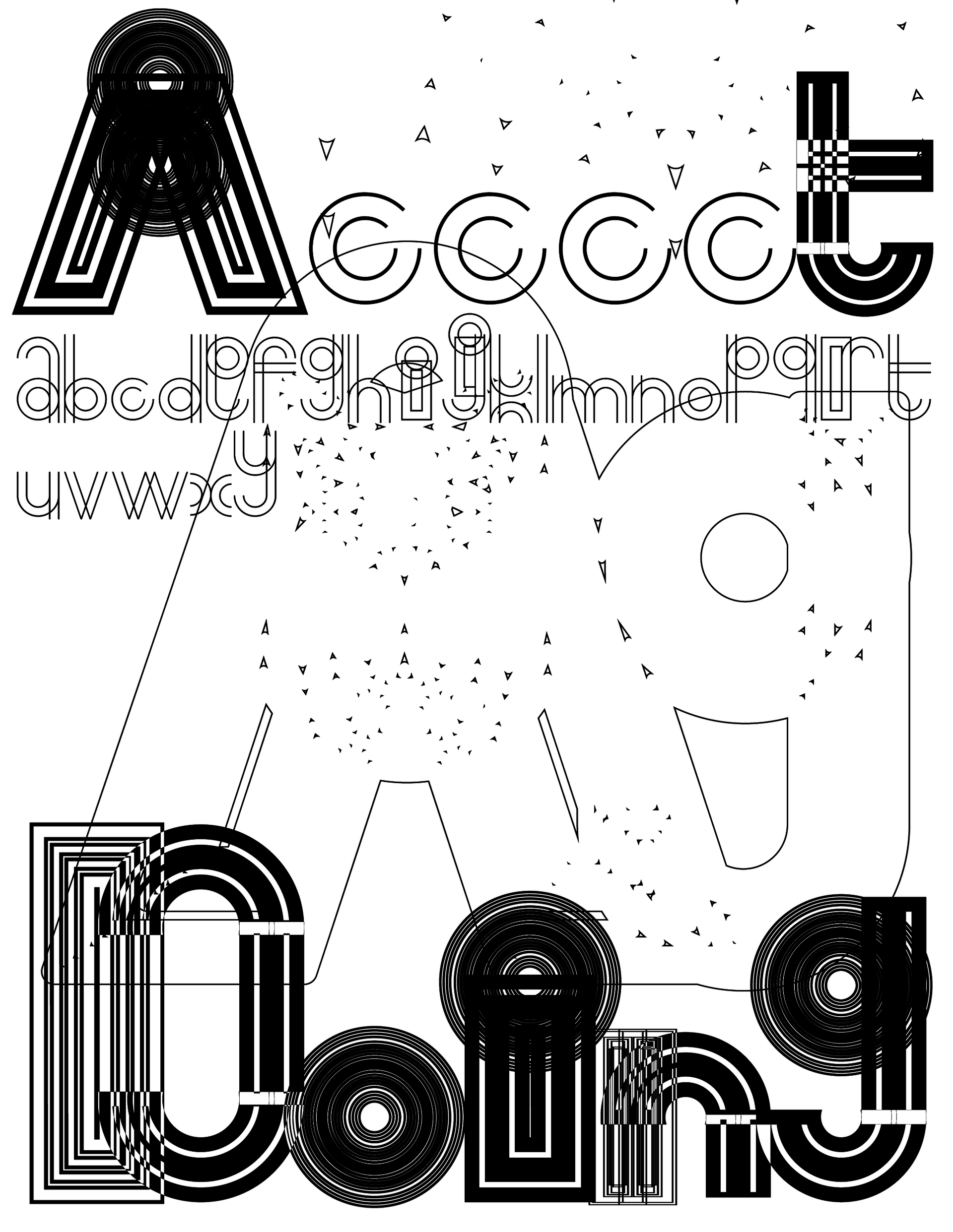 Black geometric letterforms and thin outlined text overlap across a white background with scattered triangular marks and looping connecting lines.