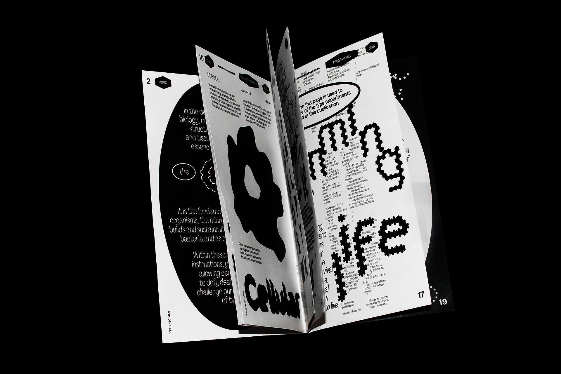 Hands flip through a black-and-white booklet titled Cellular Transfigurations, showing pixelated cellular letterforms, diagrams, and folded spreads against a black background.