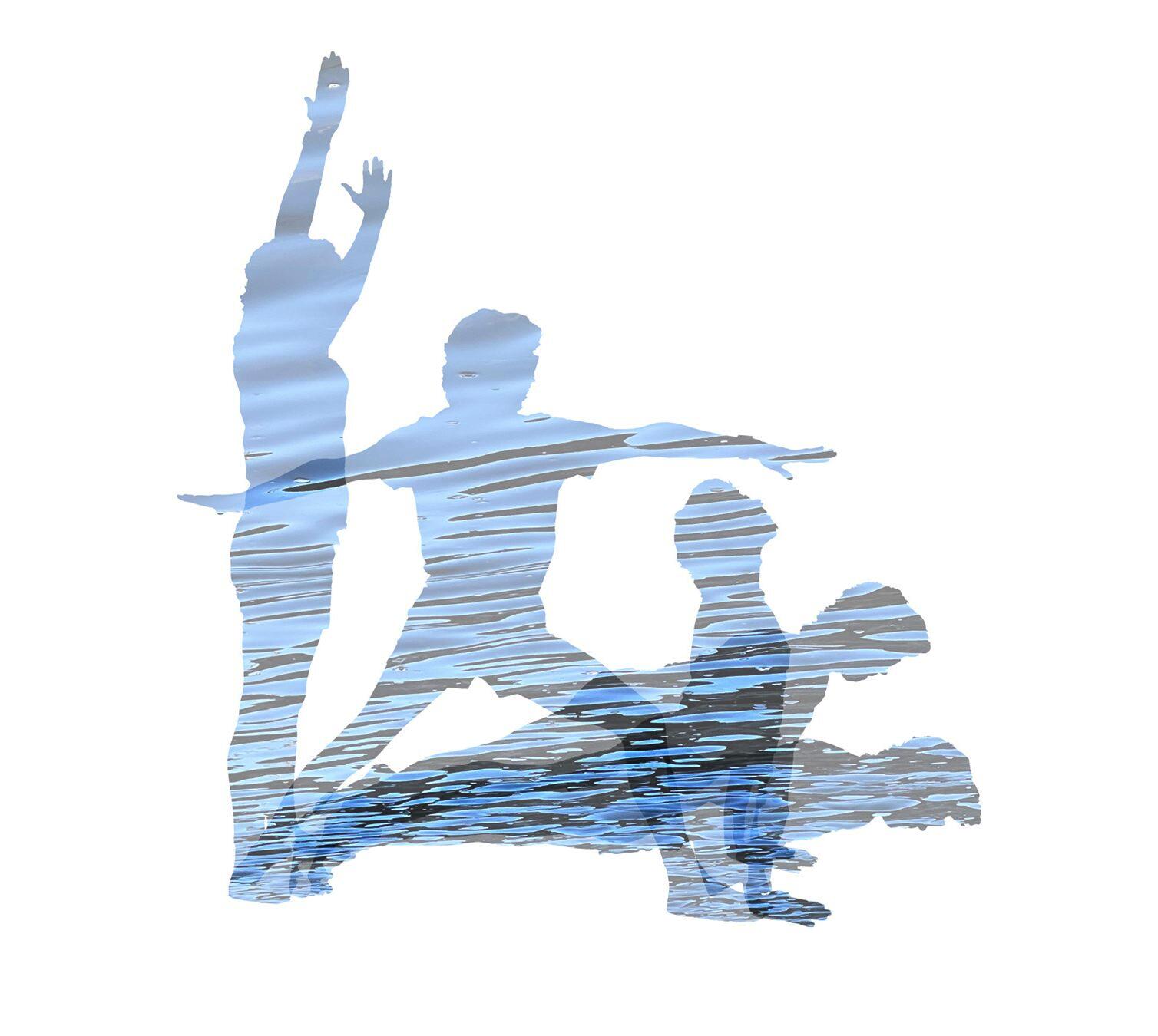 A collage of yoga poses overlaid with water