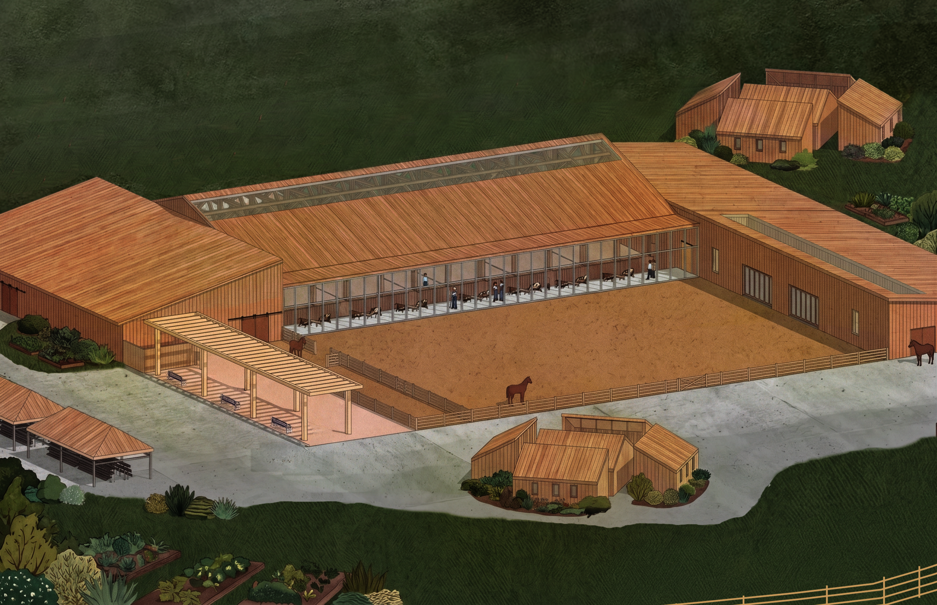 Existing stable complex retrofitted as a self-sustaining therapeutic community. Rerouted circulation connects equine therapy, agricultural production, and a public farmers' market. Patient and public access remain separate. The site stays open year-round.