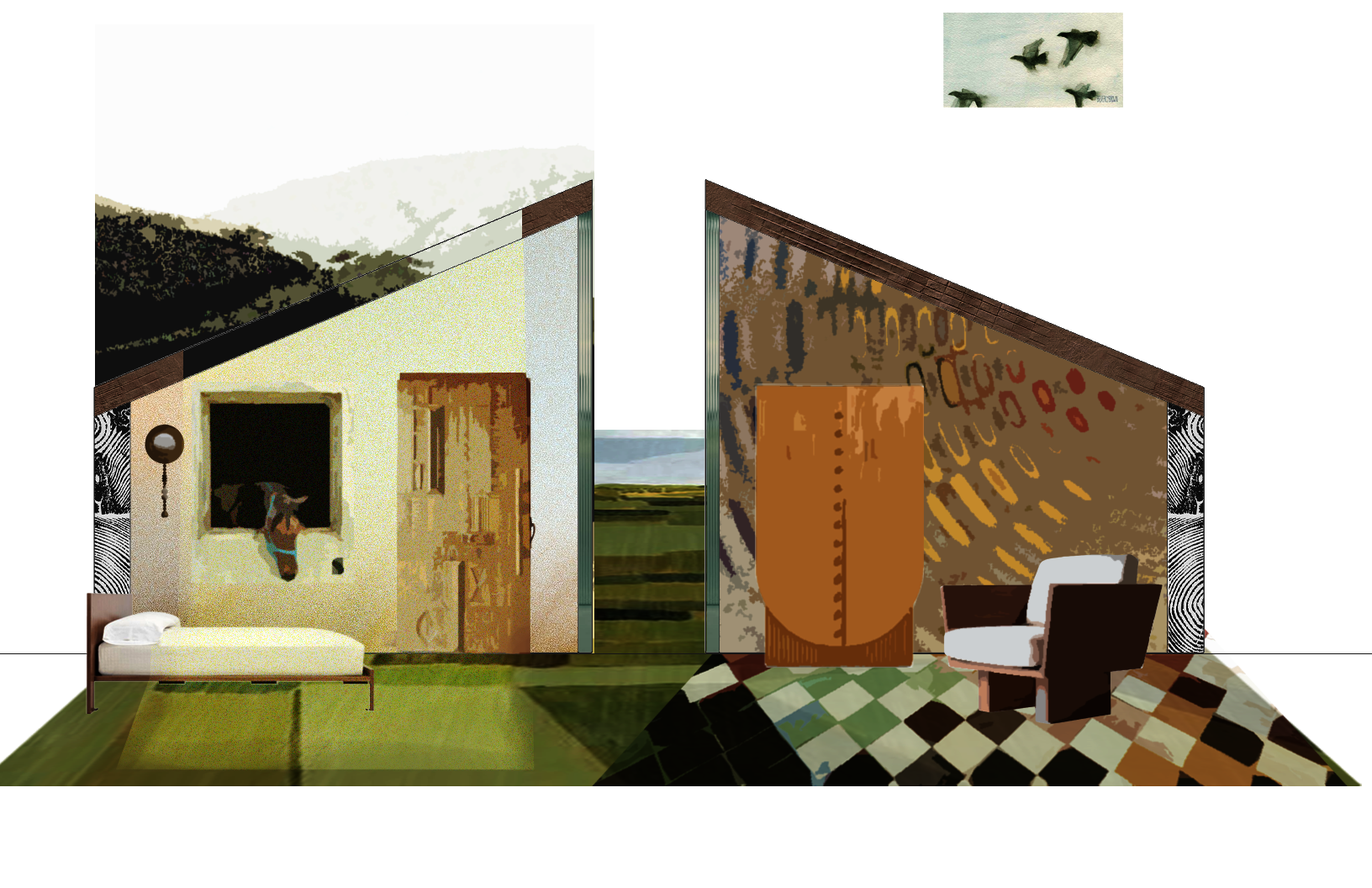 Short-term residential unit within the therapeutic circuit. Interior opens visually toward the barn through a glazed partition. Designed for rest and gradual reengagement with the site's daily rhythms.