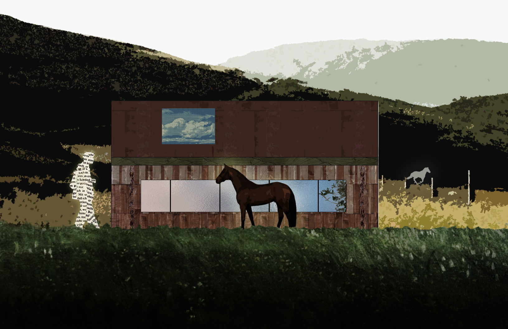 Existing barn form retained. Reclaimed timber cladding at ground level, masonry above. Large glazed panels replace solid wall, making interior activity visible from the meadow and landscape visible from within.