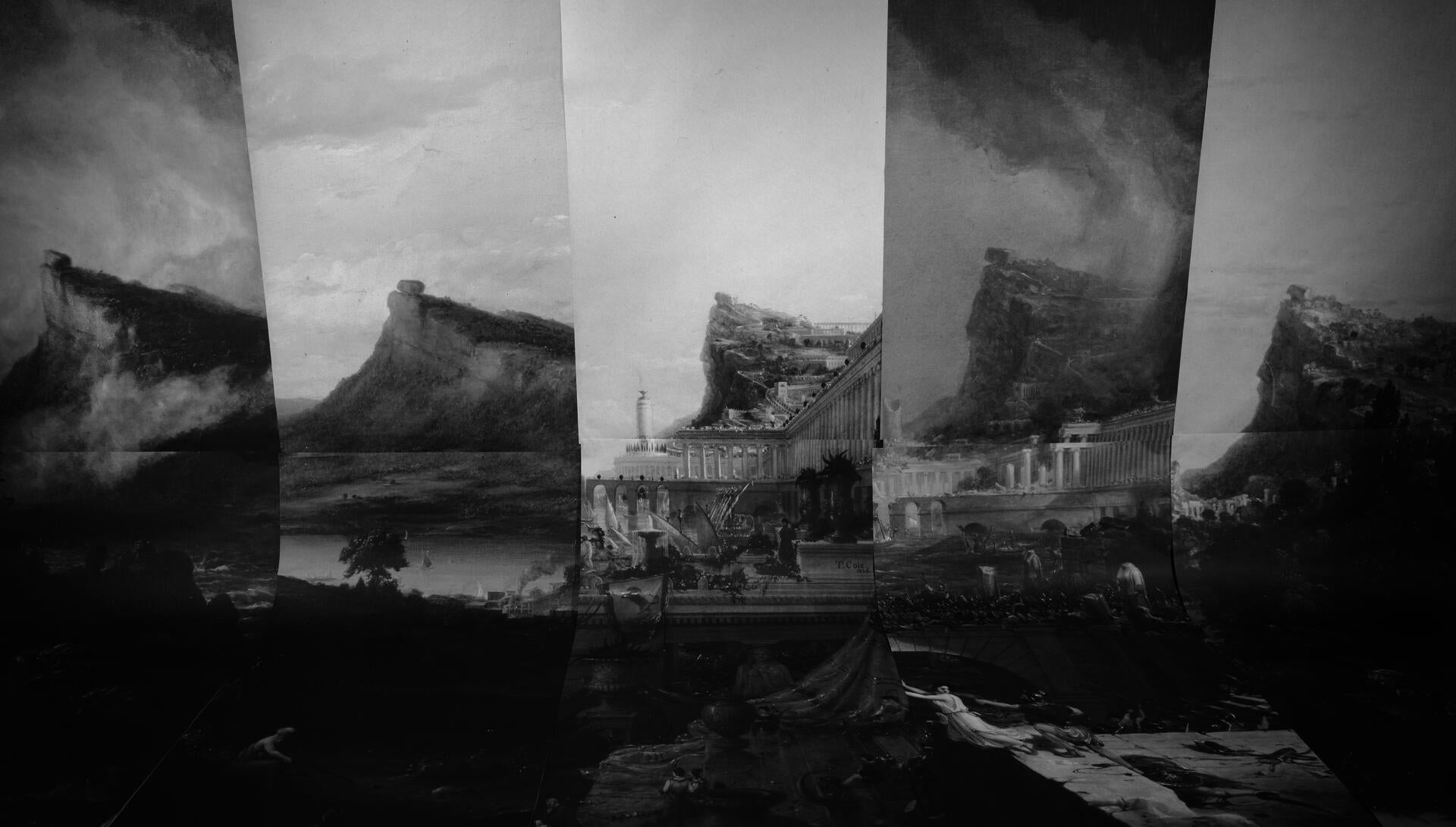 Black and white collage made from five mountain tops depicted in Thomas Cole's Course of Empire series.