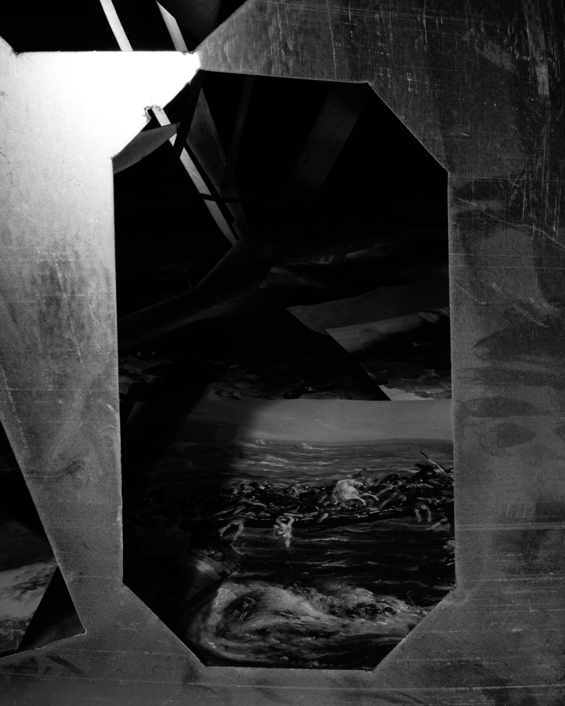 Photograph of a collage made of paper prints from 19th century landscape painting layered with pieces of discarded sheet metal.