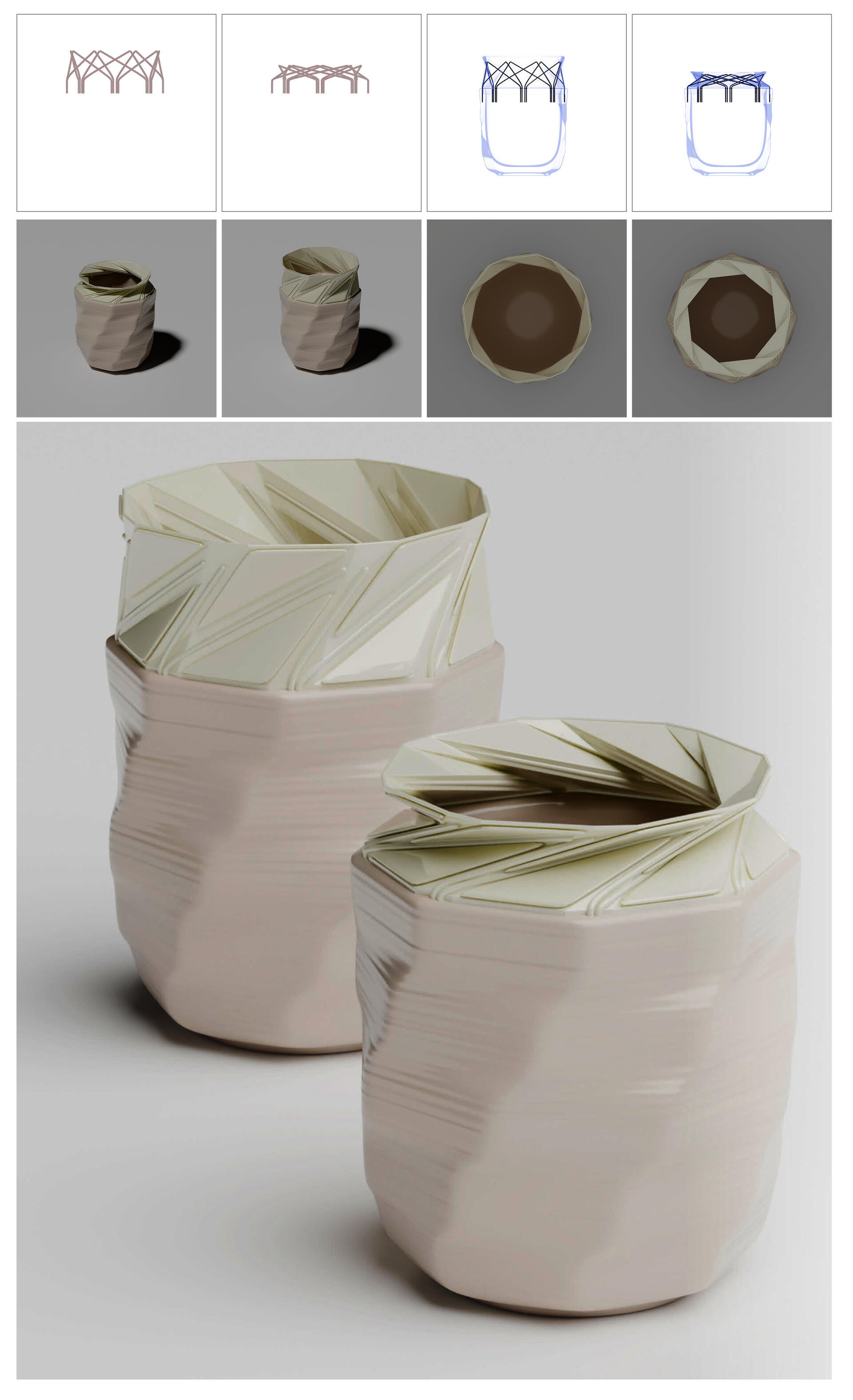 Concept renderings of two faceted white ceramic containers with origami-inspired folding lids, shown alongside top-row technical diagrams illustrating the lids' opening mechanism in wireframe and shaded views.