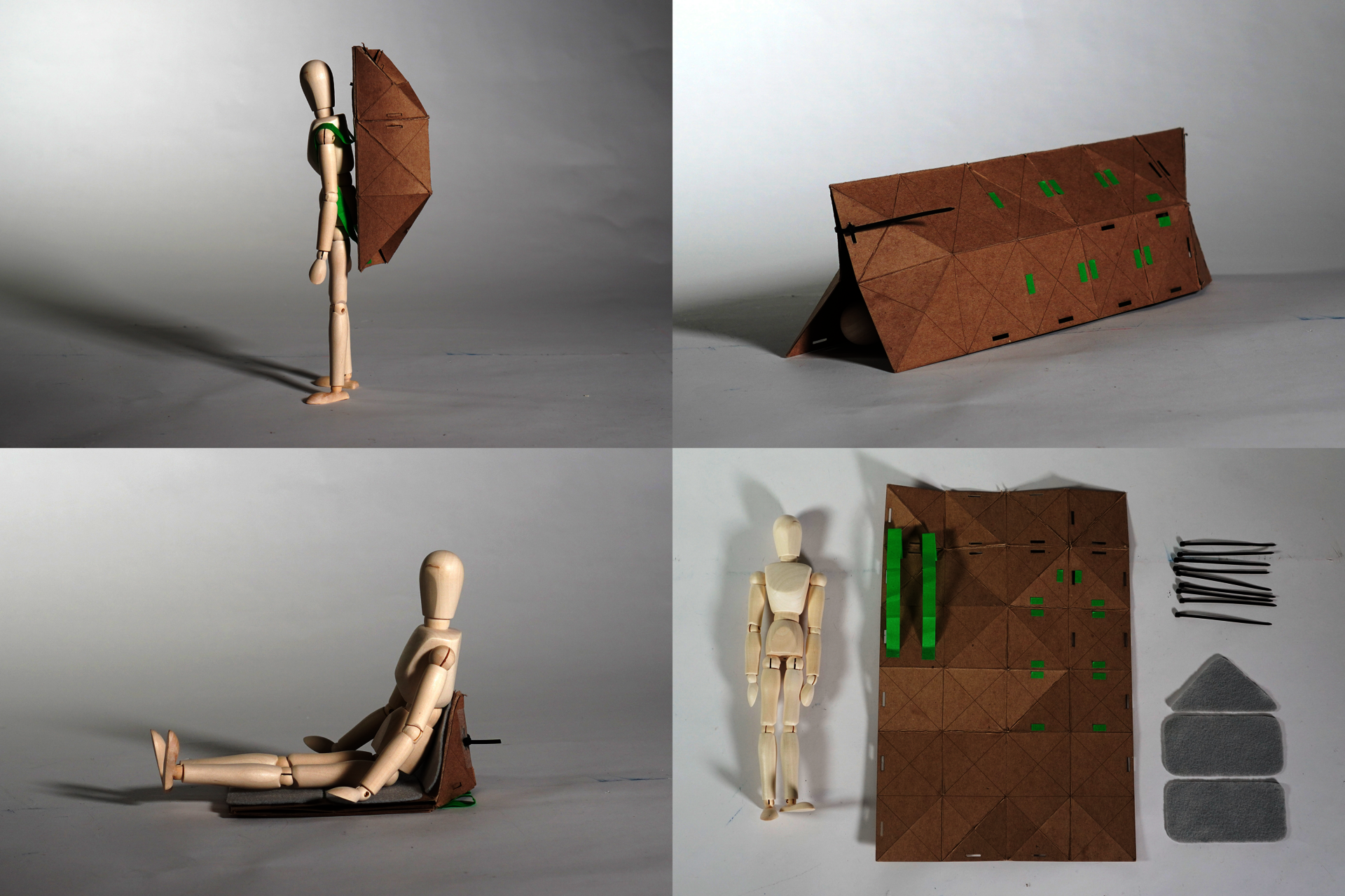 3-in-1 Convertible Shelter: A low-cost, lightweight convertible shelter that transforms from backpack to shelter to seat using origami-inspired folding methods.