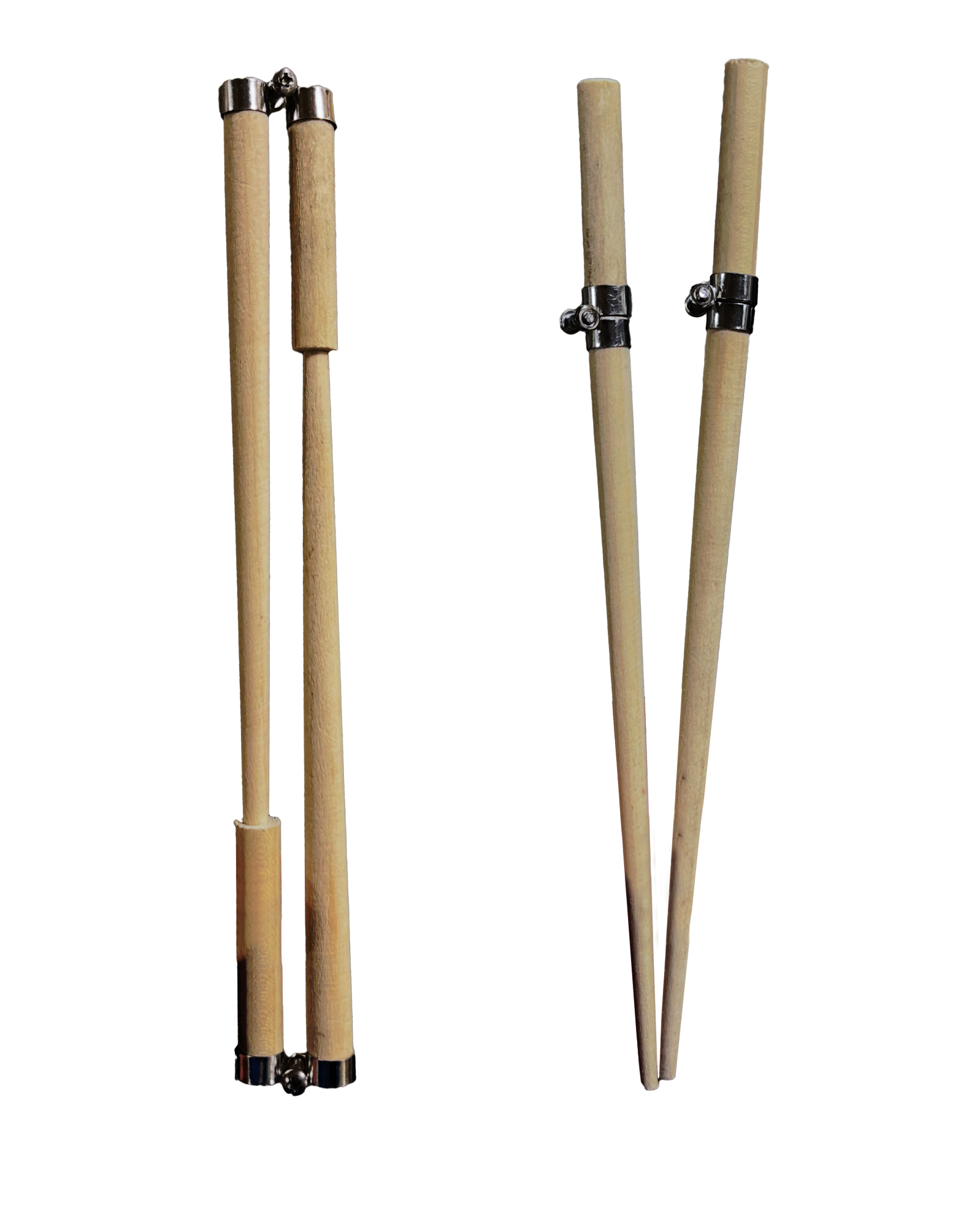 Two views of wooden travel chopsticks with metal magnetic bands near the top, shown collapsed and held together side-by-side on the left, and assembled in their full extended form on the right.